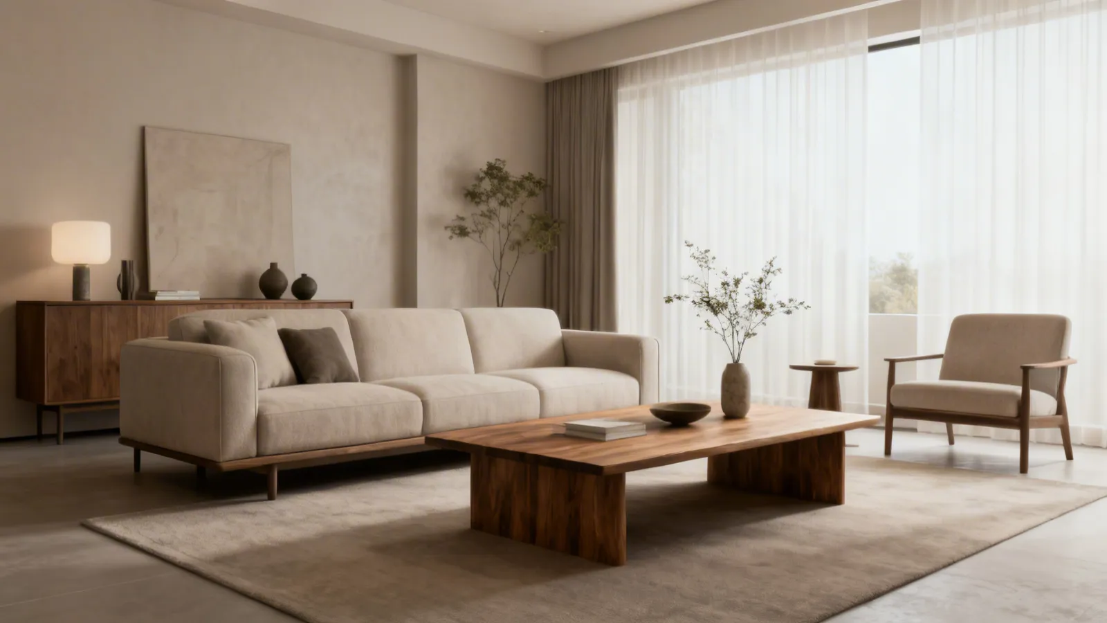 Salón moderno diseñado por una decoradora con muebles contemporáneos y tonos neutros