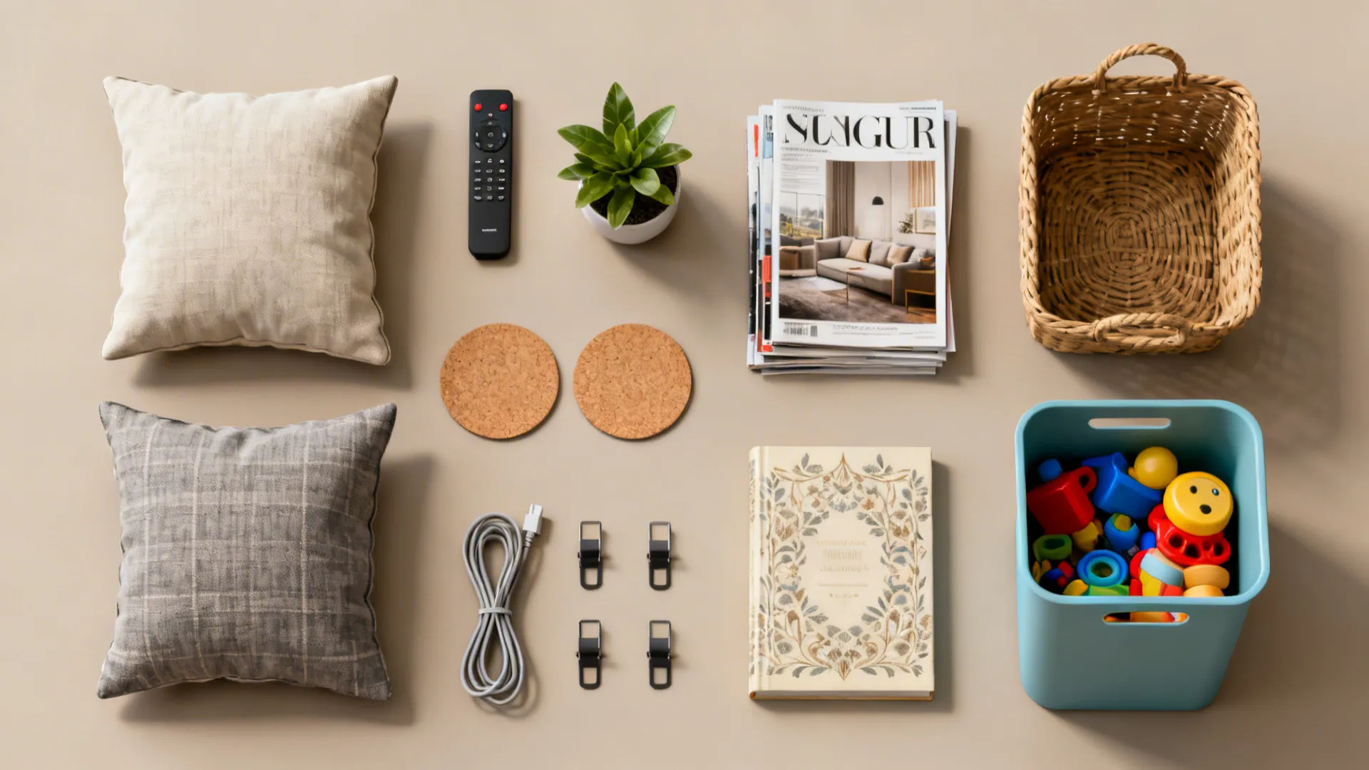 Flatlay of common living room items including cushions, remote, coasters, plant and storage basket