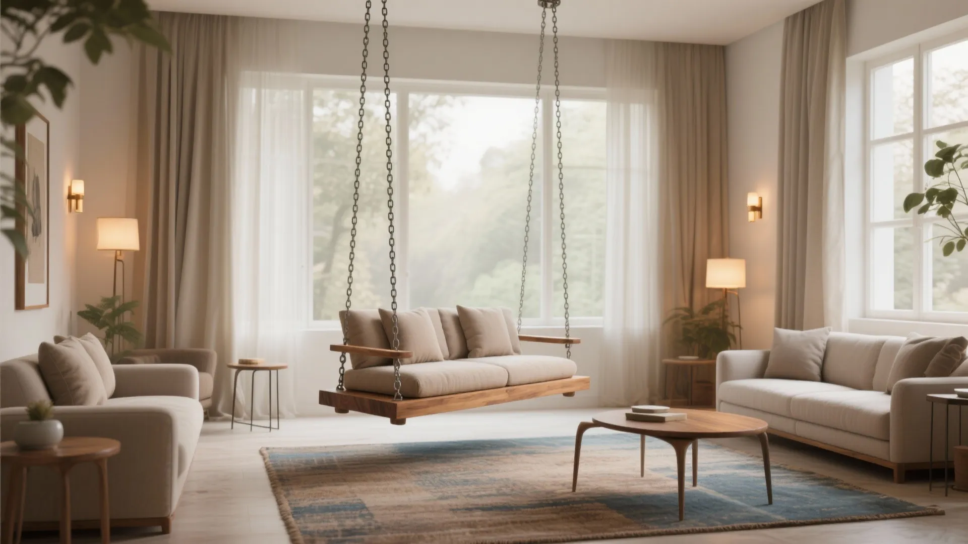 Modern living room with wooden swing sofa hanging from ceiling over a blue patterned rug