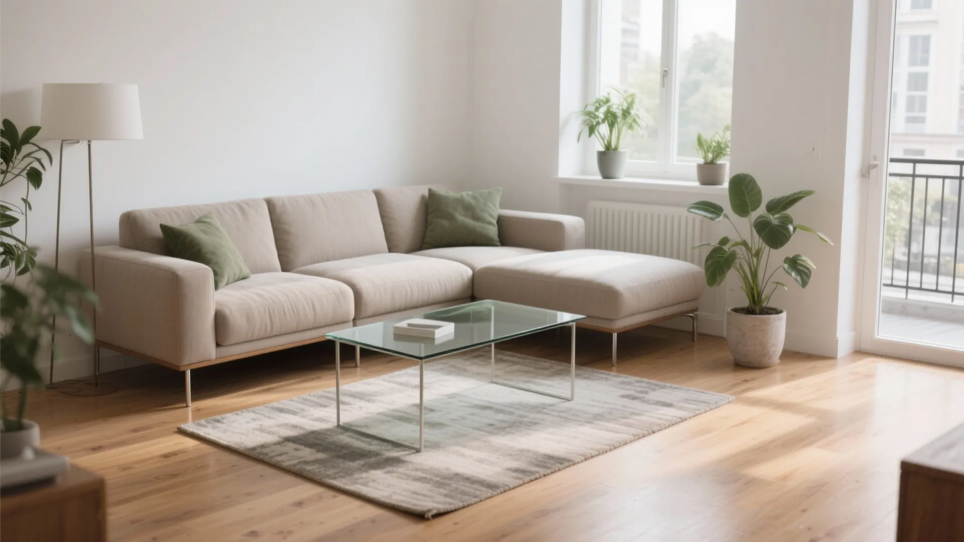 Bright living room with beige sofa and glass coffee table on a grey textured rug