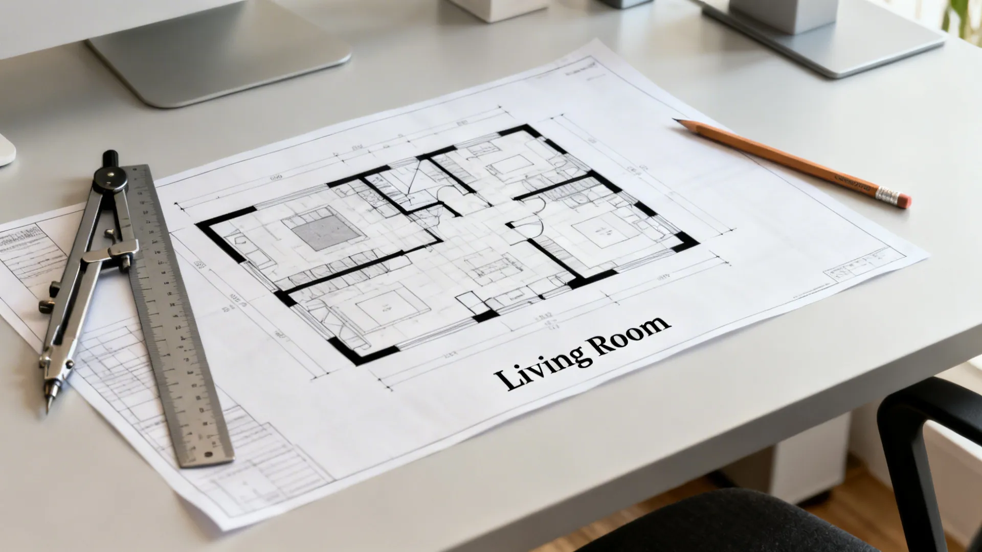 Architectural floor plan on a desk labeled 'Living Room' with drafting tools nearby.
