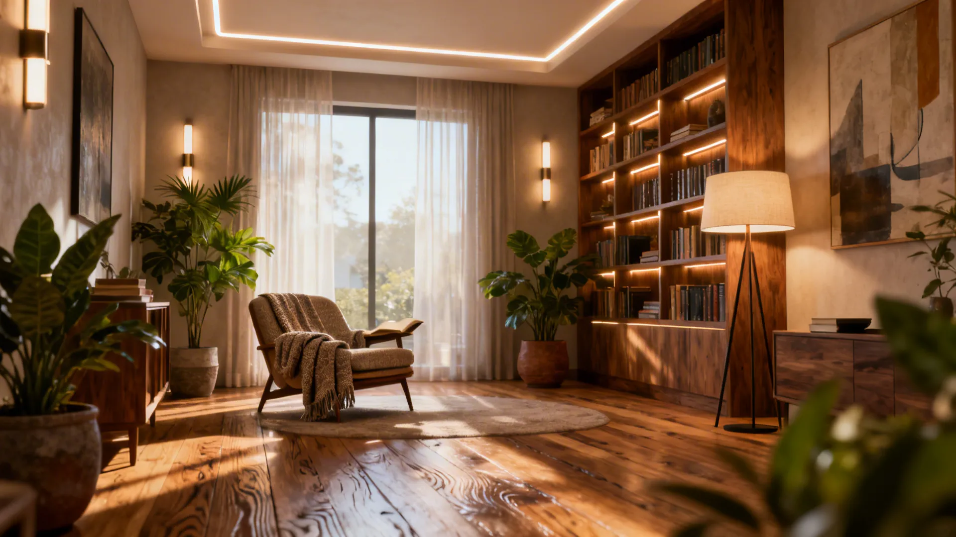 Cozy living room with wooden bookshelves and comfortable chair next to a tall floor lamp