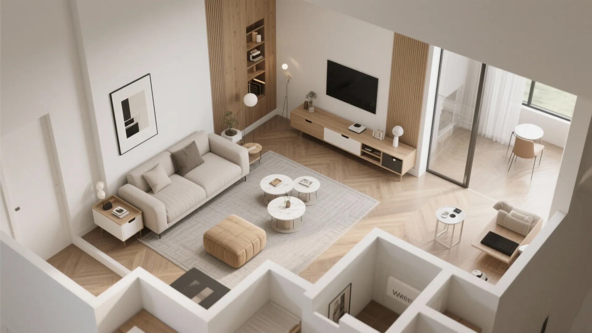 Modern high angle room layout showing a beige sofa coffee table television and wooden floor