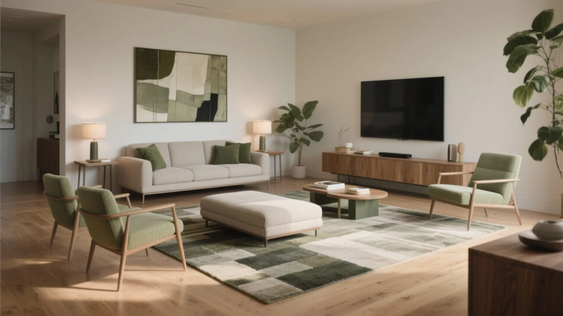 Spacious living room featuring green chairs, white sofa, patterned rug, wooden cabinet, and indoor plants