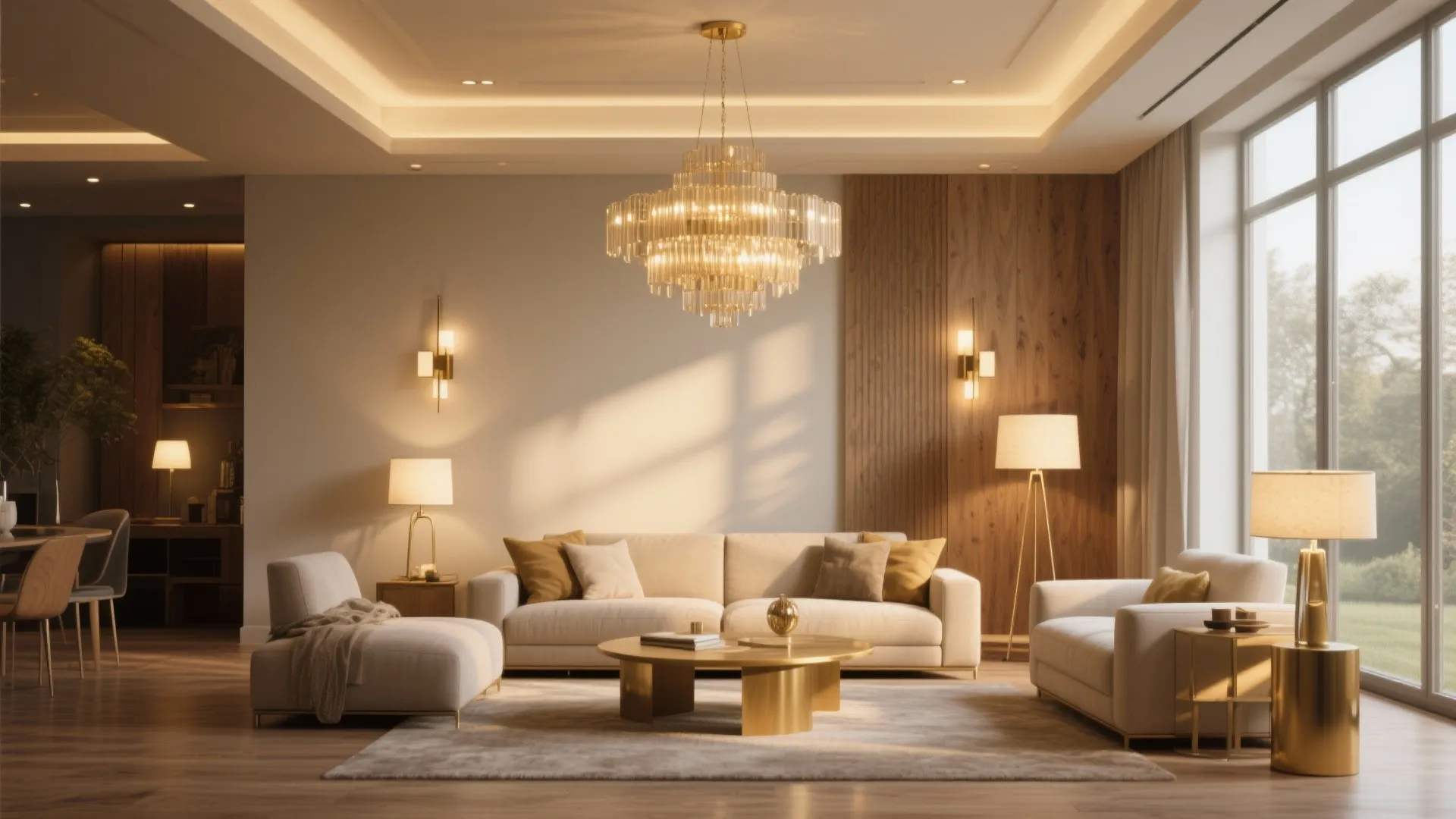 Elegant living room with white sofa golden coffee table wall light and large ceiling light