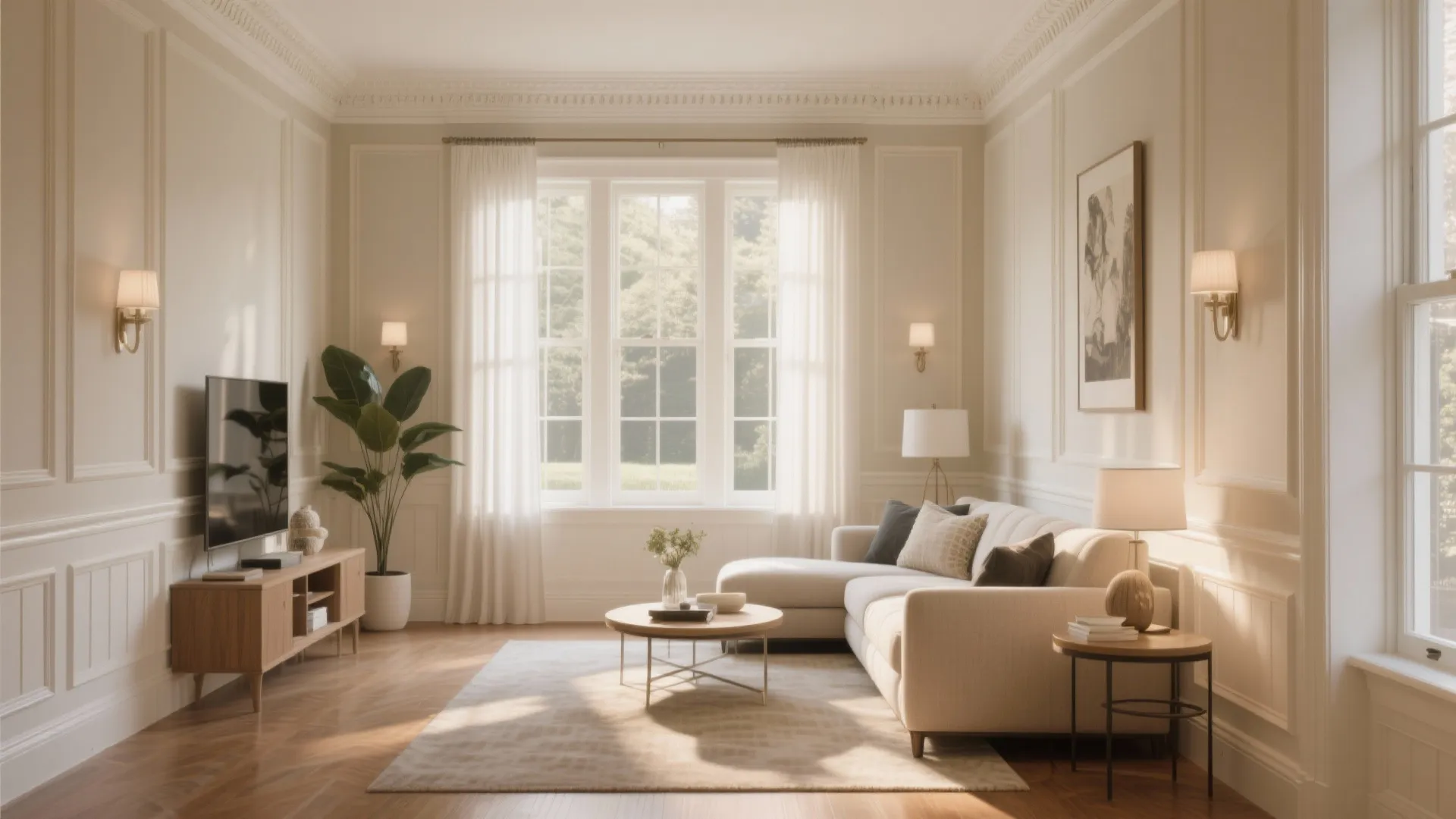 Cream living room featuring wall panel decor white sofa wooden tv stand white window curtains