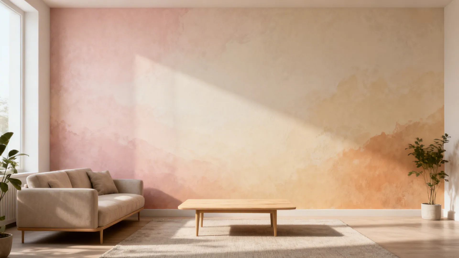 Modern living room with a pink and orange wall mural sofa coffee table and green plant