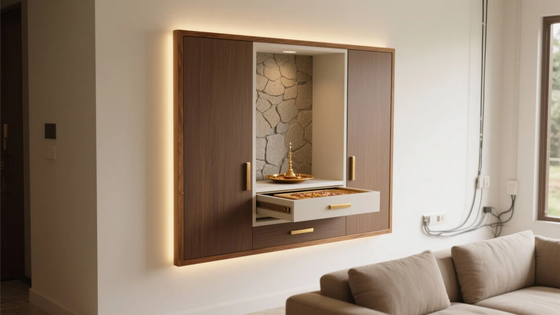 Compact Pooja Shelf in a Living Room Niche