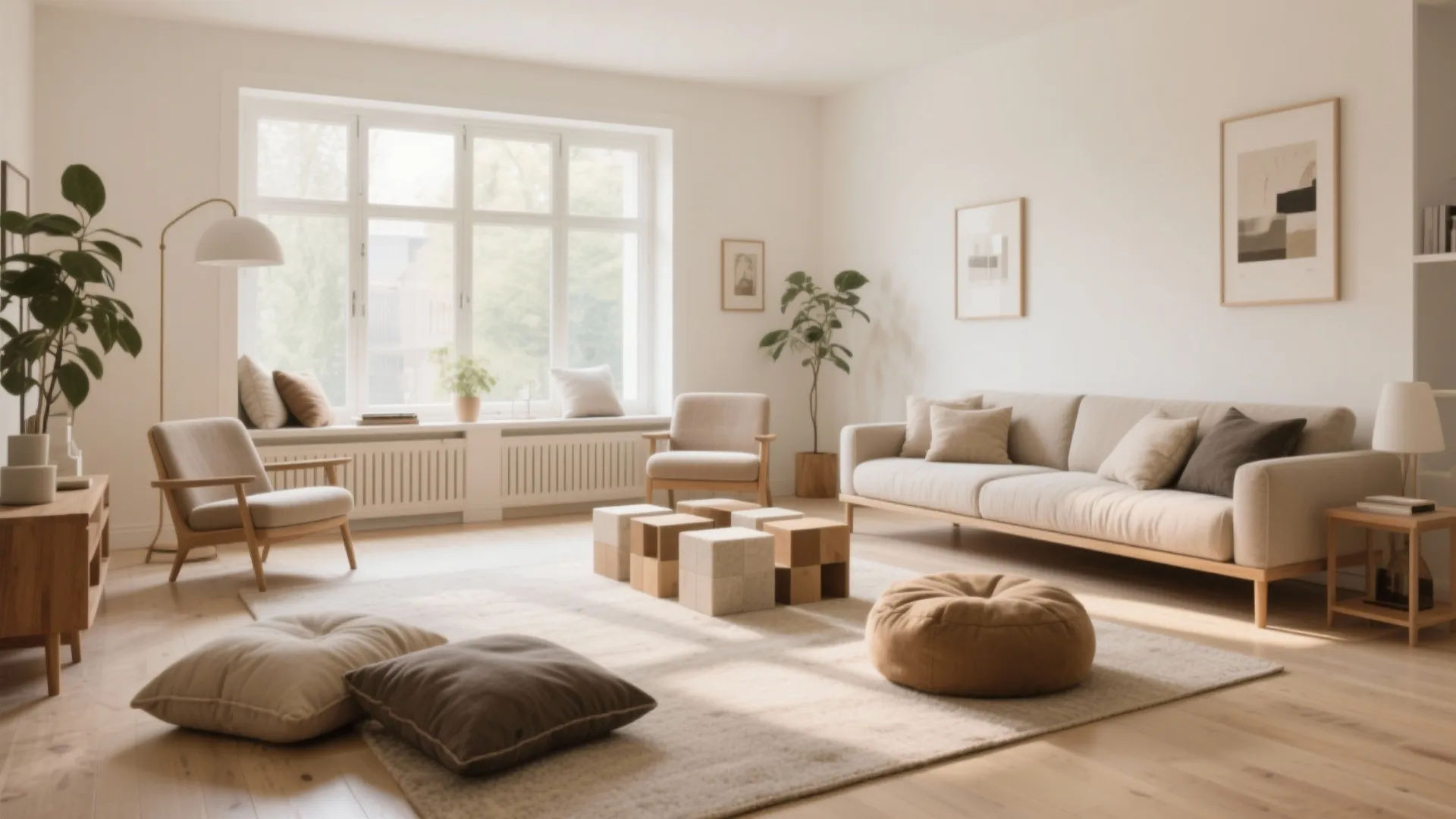 Spacious modern living room with beige sofa, armchairs, floor pillows, rug, and wooden block table