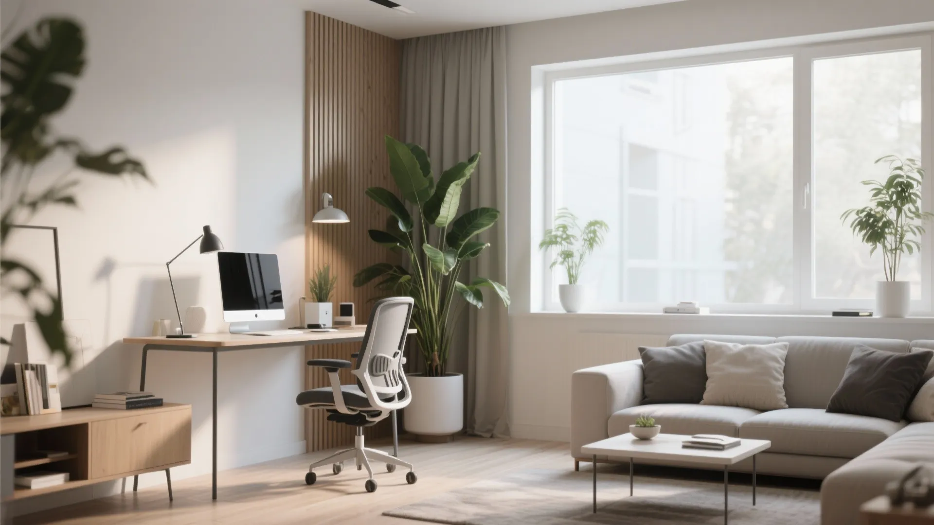 Modern home office area with a wooden desk computer chair green plants and a sofa