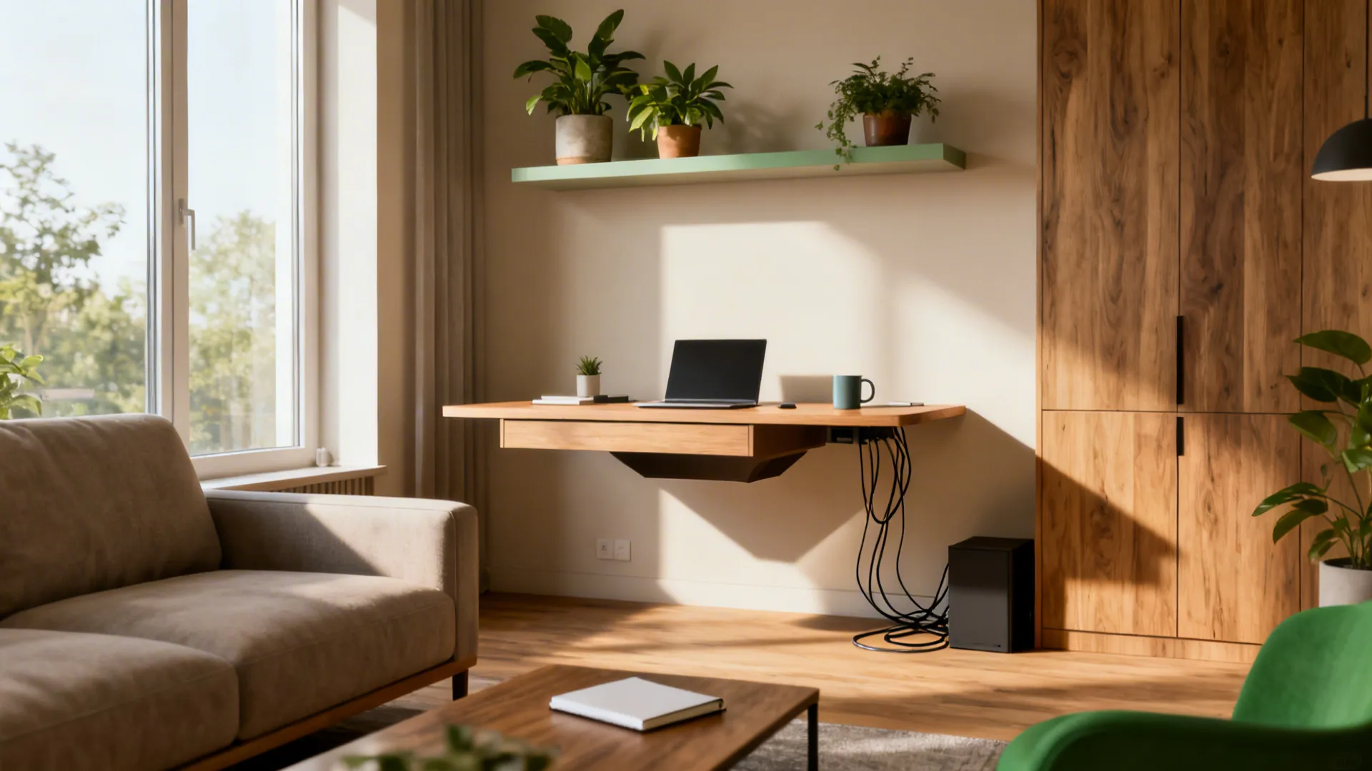 Floating wooden desk with a laptop and plants on a shelf in a sunlit room