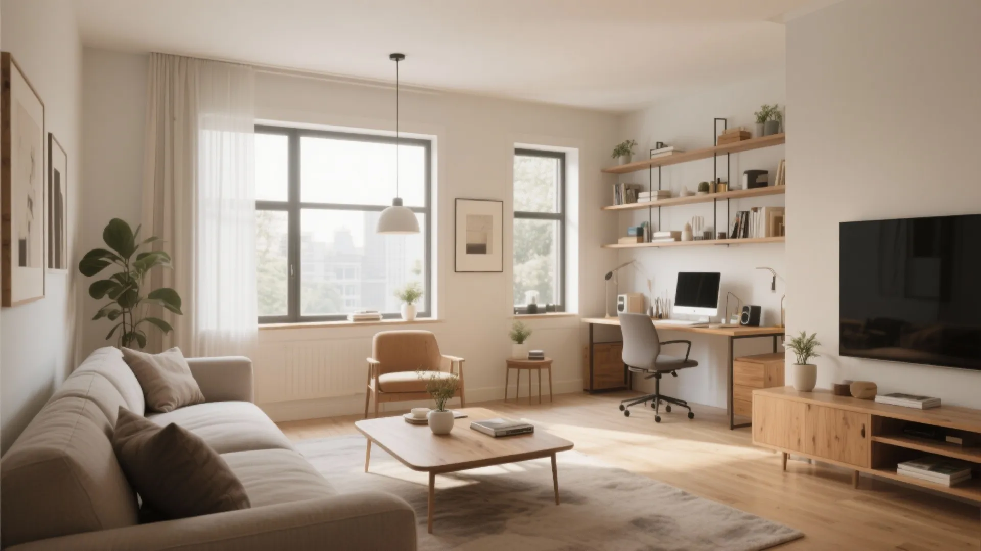 Bright living room with grey sofa, wooden coffee table, television cabinet, and corner home office