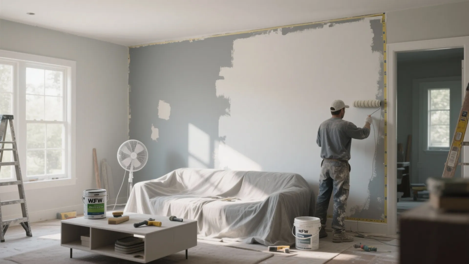 A man painting a living room wall with a roller near a covered grey sofa