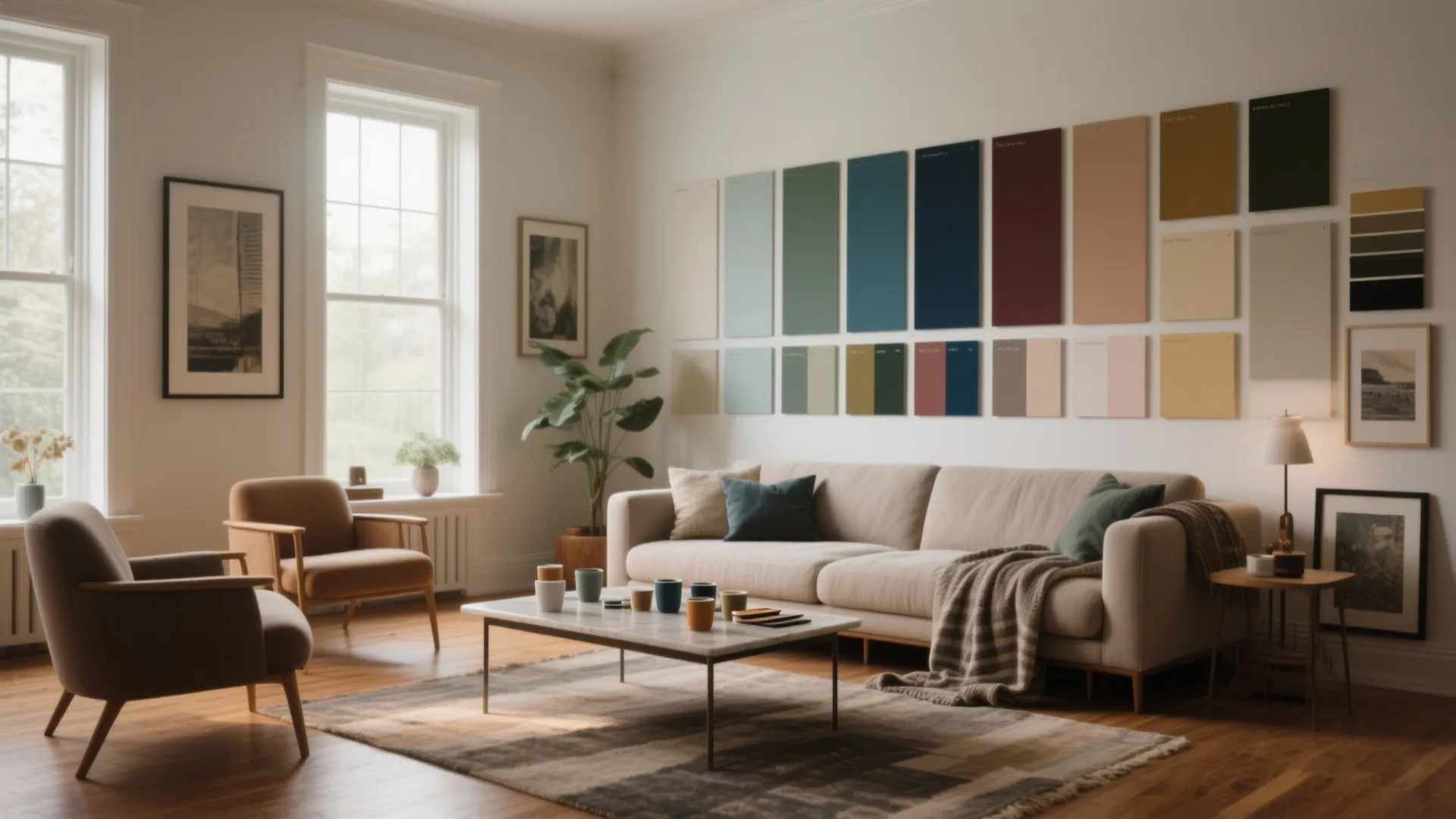 Living room with beige sofa marble table and many colorful paint samples hanging on white wall