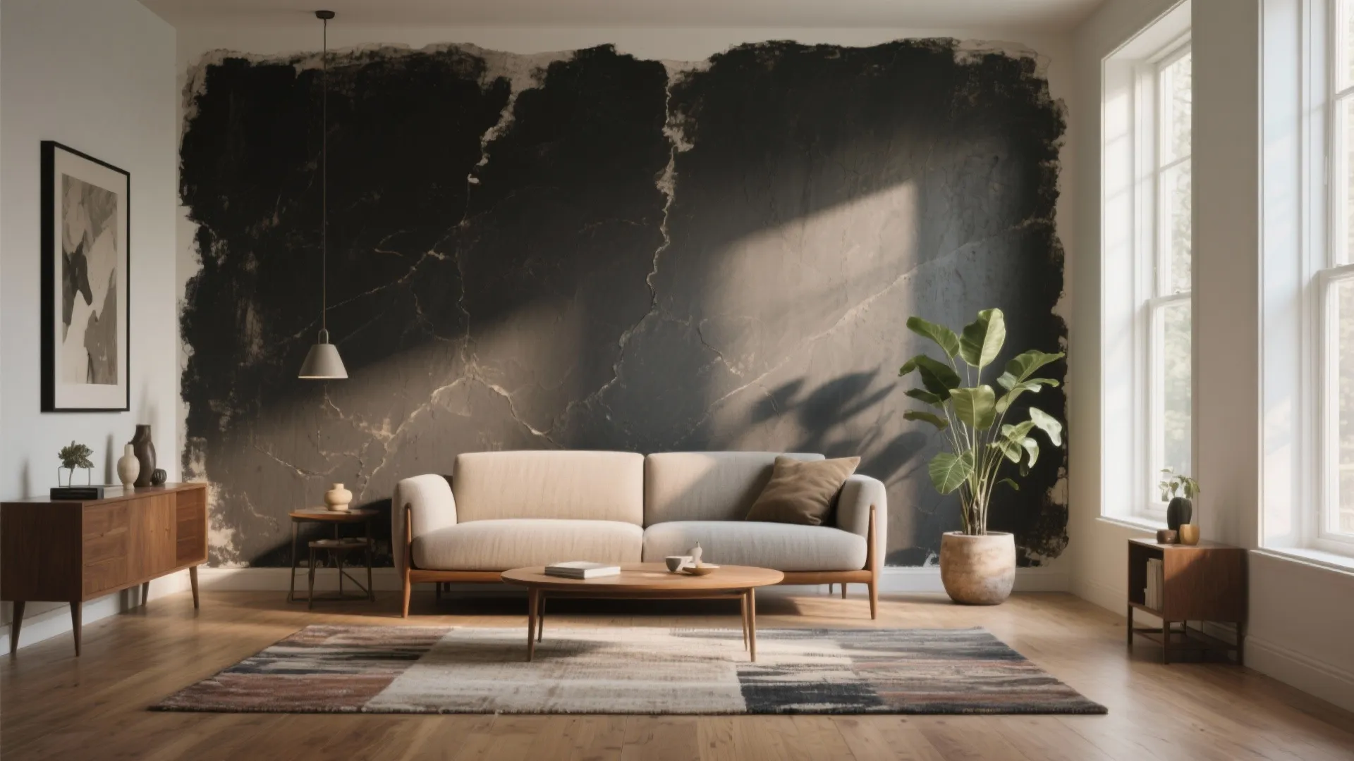 Living room interior design drawing with black feature wall beige sofa wooden floor and large windows