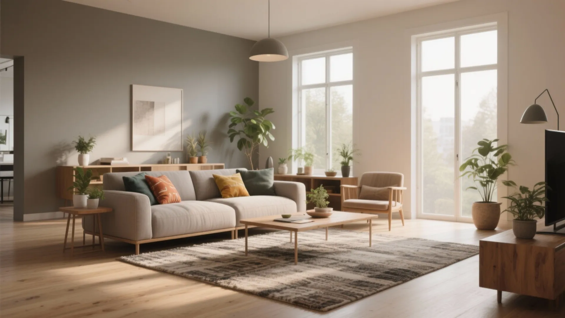 Bright living room with grey sofa wooden floor ceiling light large windows and green plants