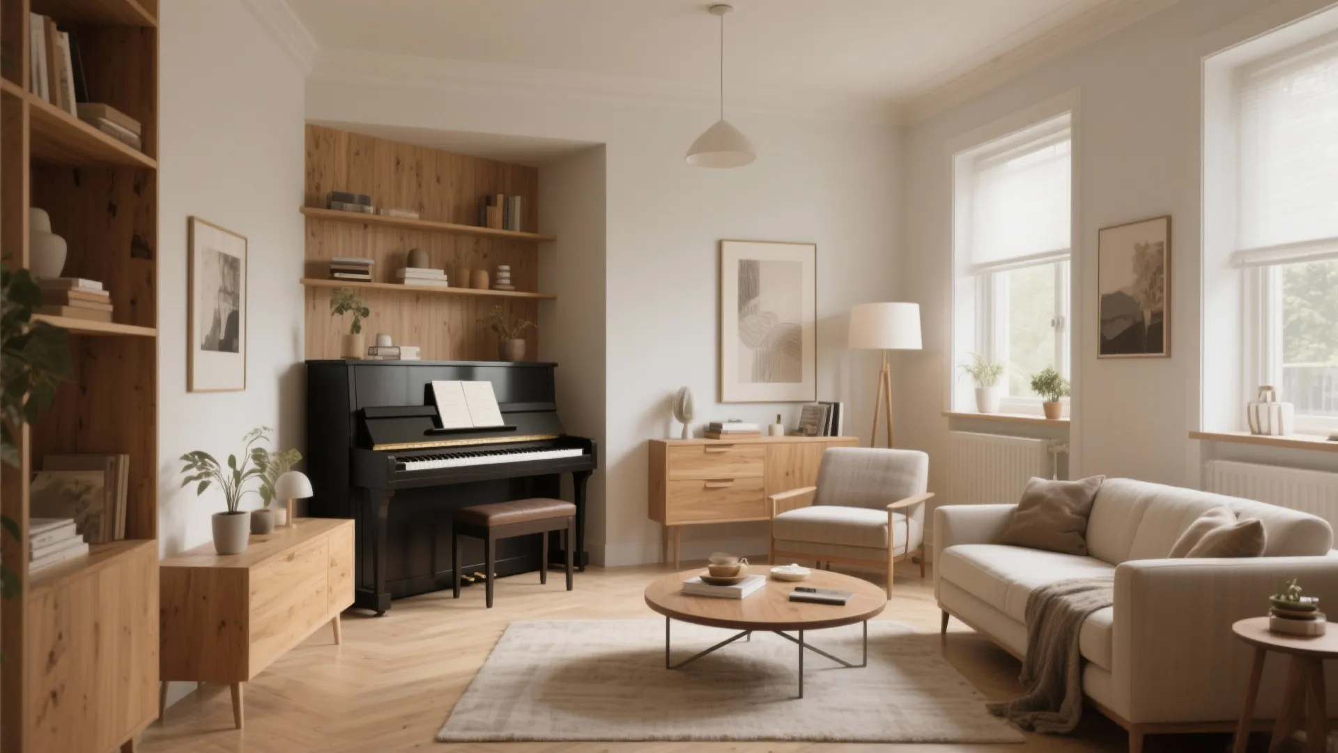 Bright living room with black upright piano wooden furniture beige sofa and white ceiling light