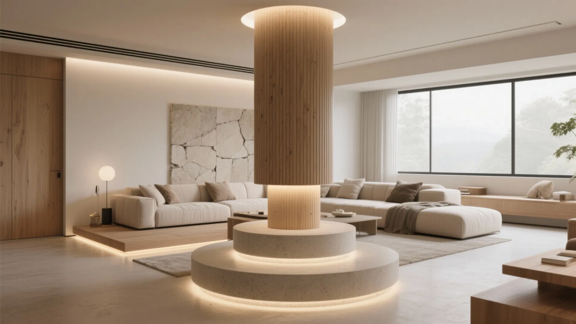 Modern living room with wood pillar lighting white sofa stone wall and natural window light