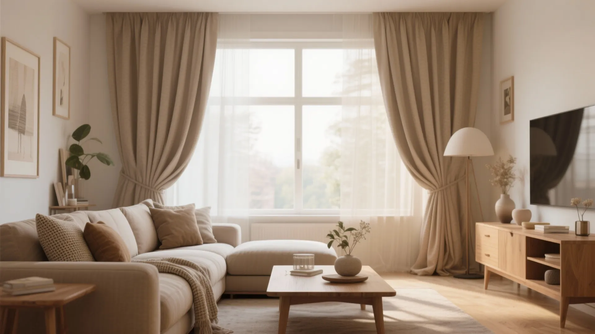 Modern living room with beige curtains white sofa wooden coffee table floor lamp and television cabinet