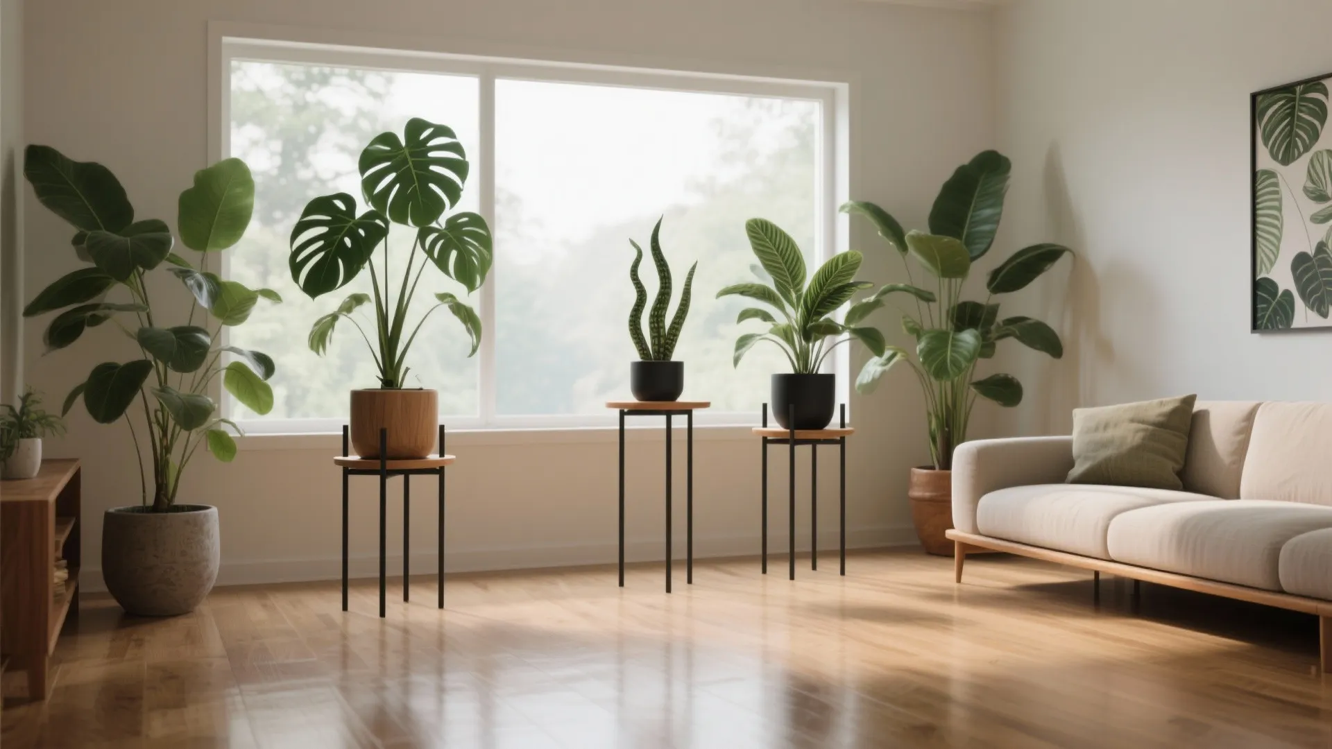 Bright living room featuring several green potted plants on black metal stands near large windows