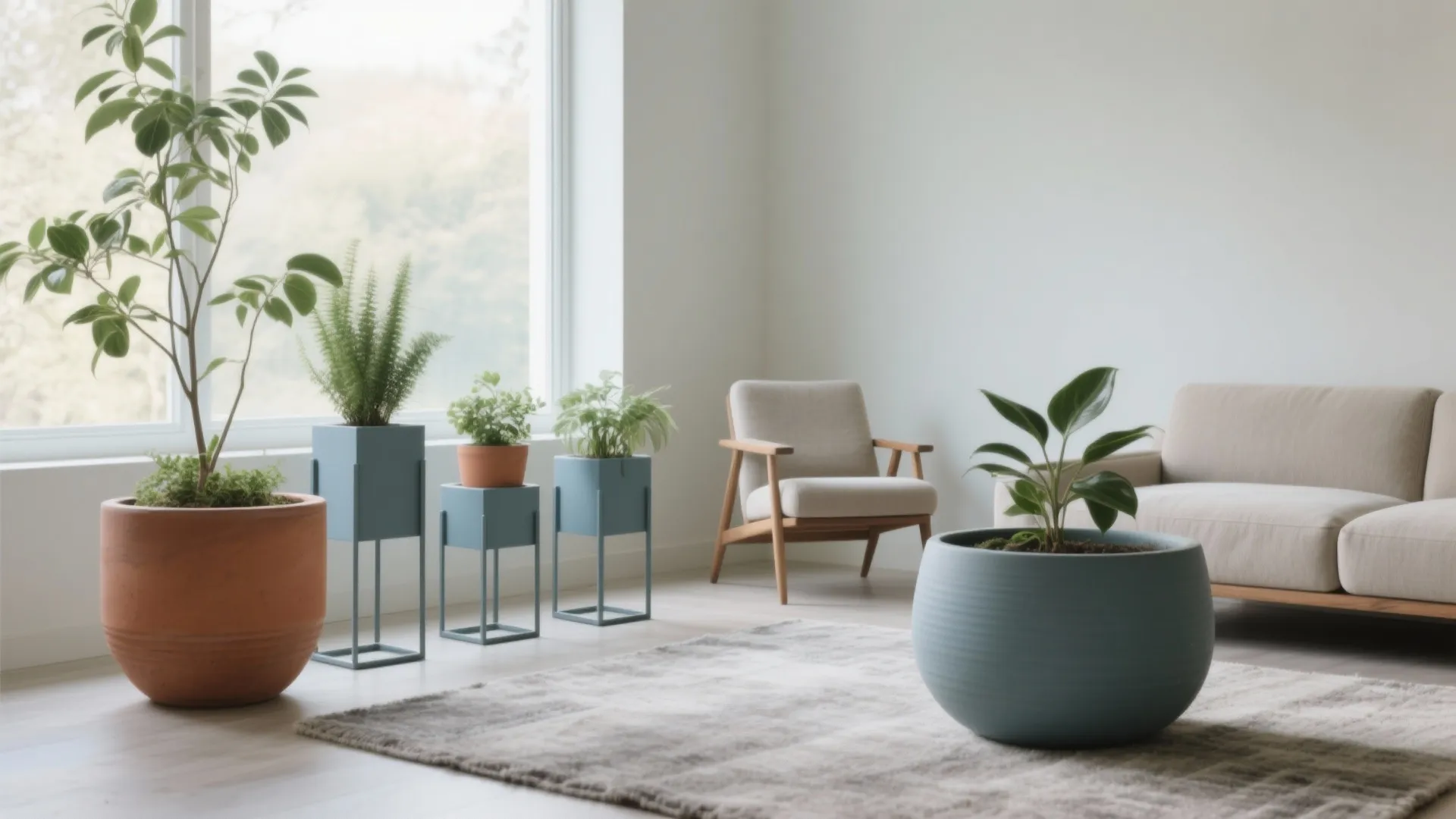 Bright minimalist living room with green plants in blue pots, beige sofa, and armchair chair