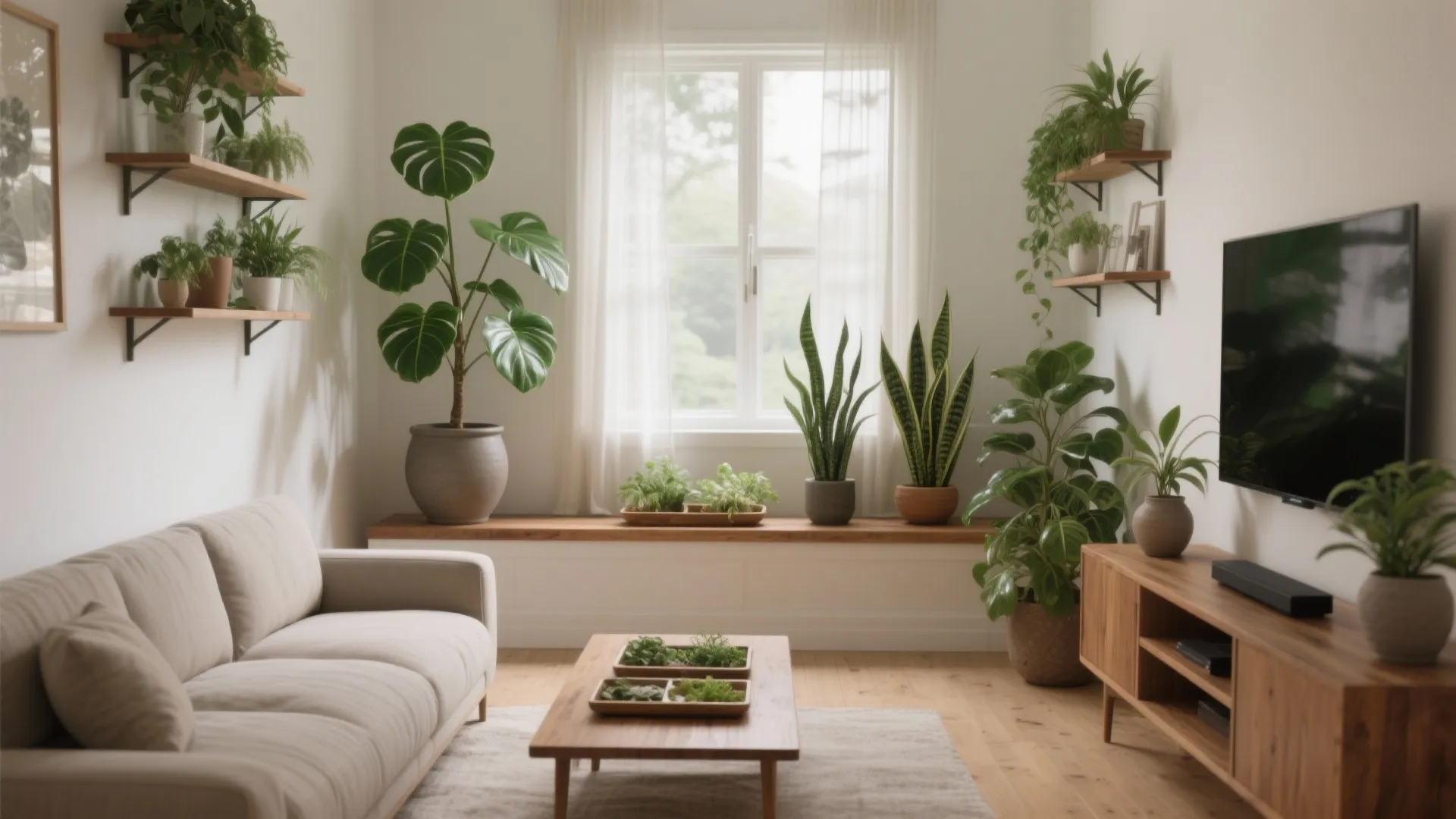 Bright living room with many indoor plants light grey sofa wooden coffee table and television