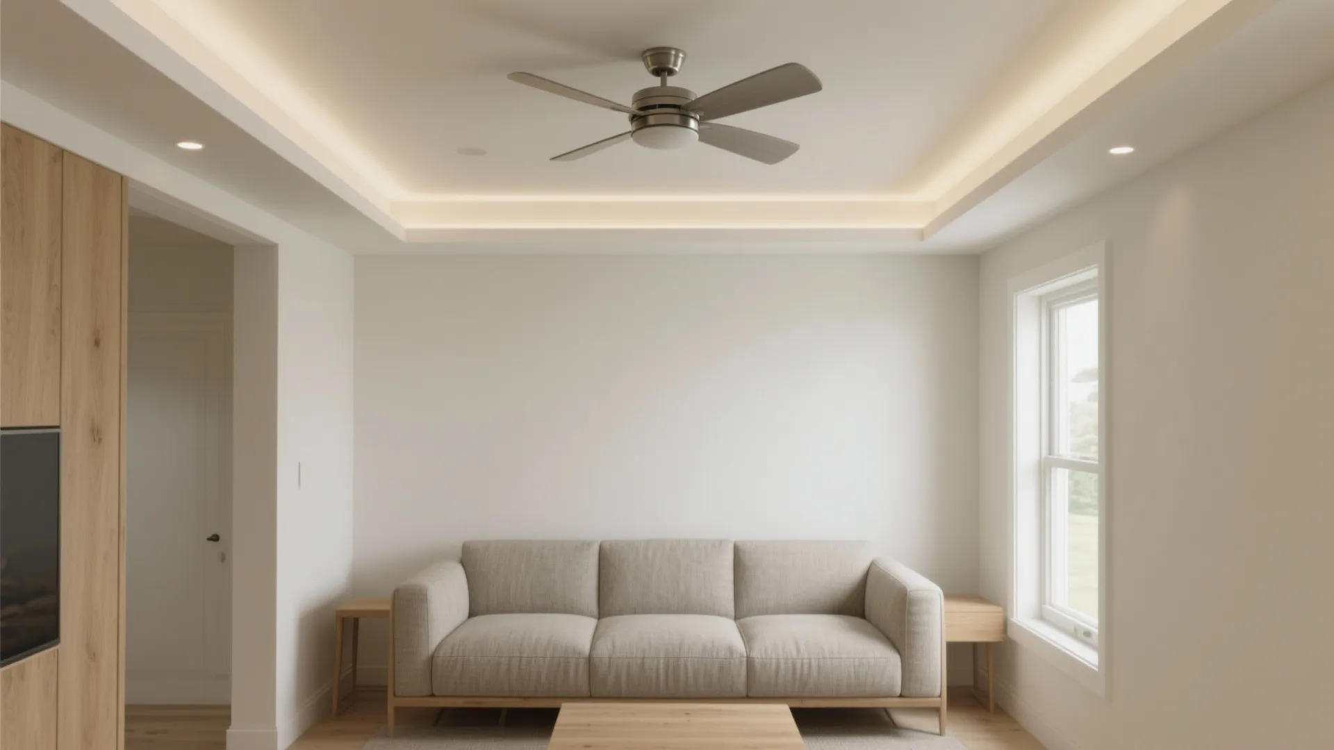 Modern white living room with beige sofa wood side tables ceiling fan and recessed lighting