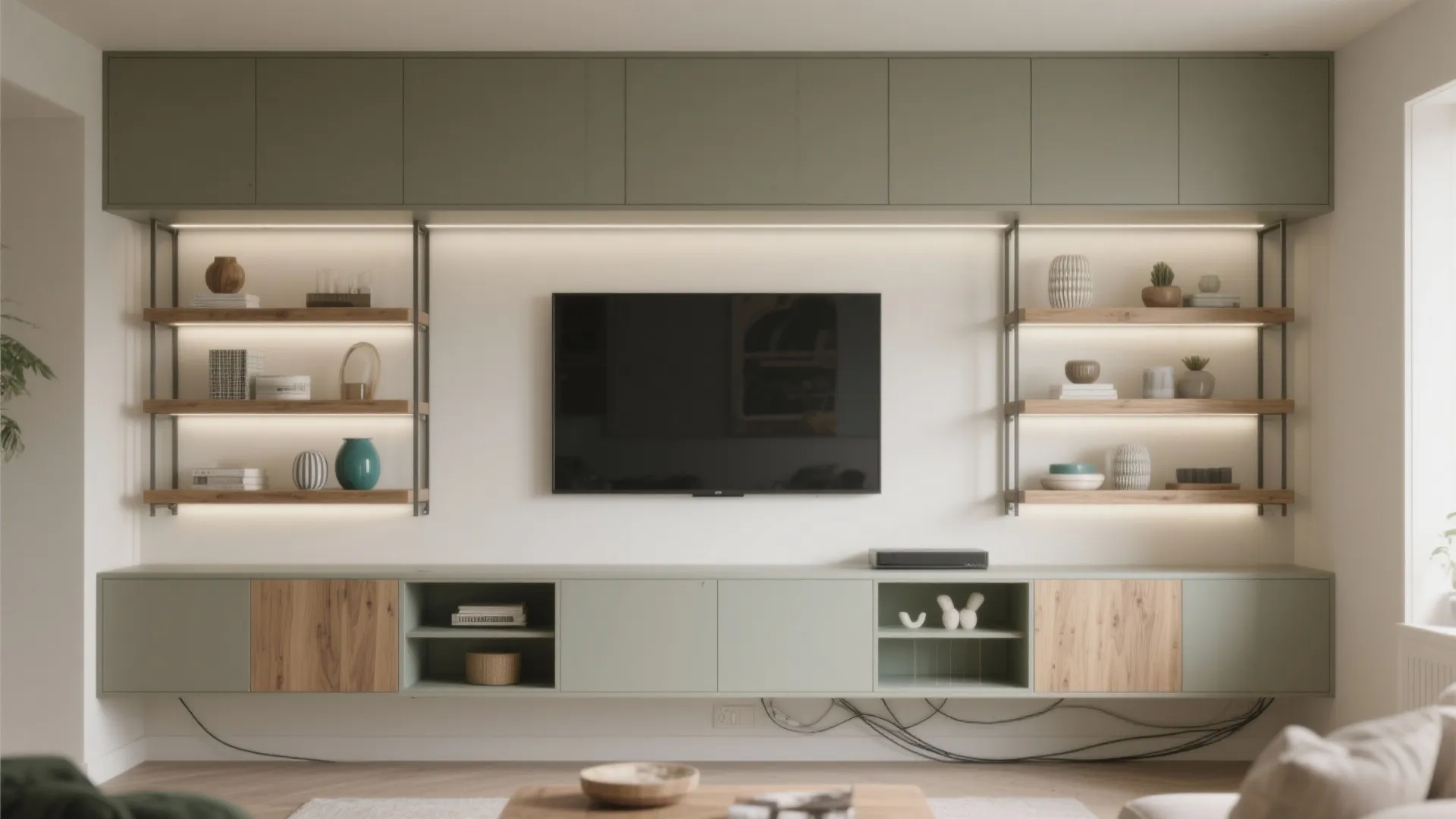 Modern living room setup with green cabinets, wooden display shelves, and a wall mounted television