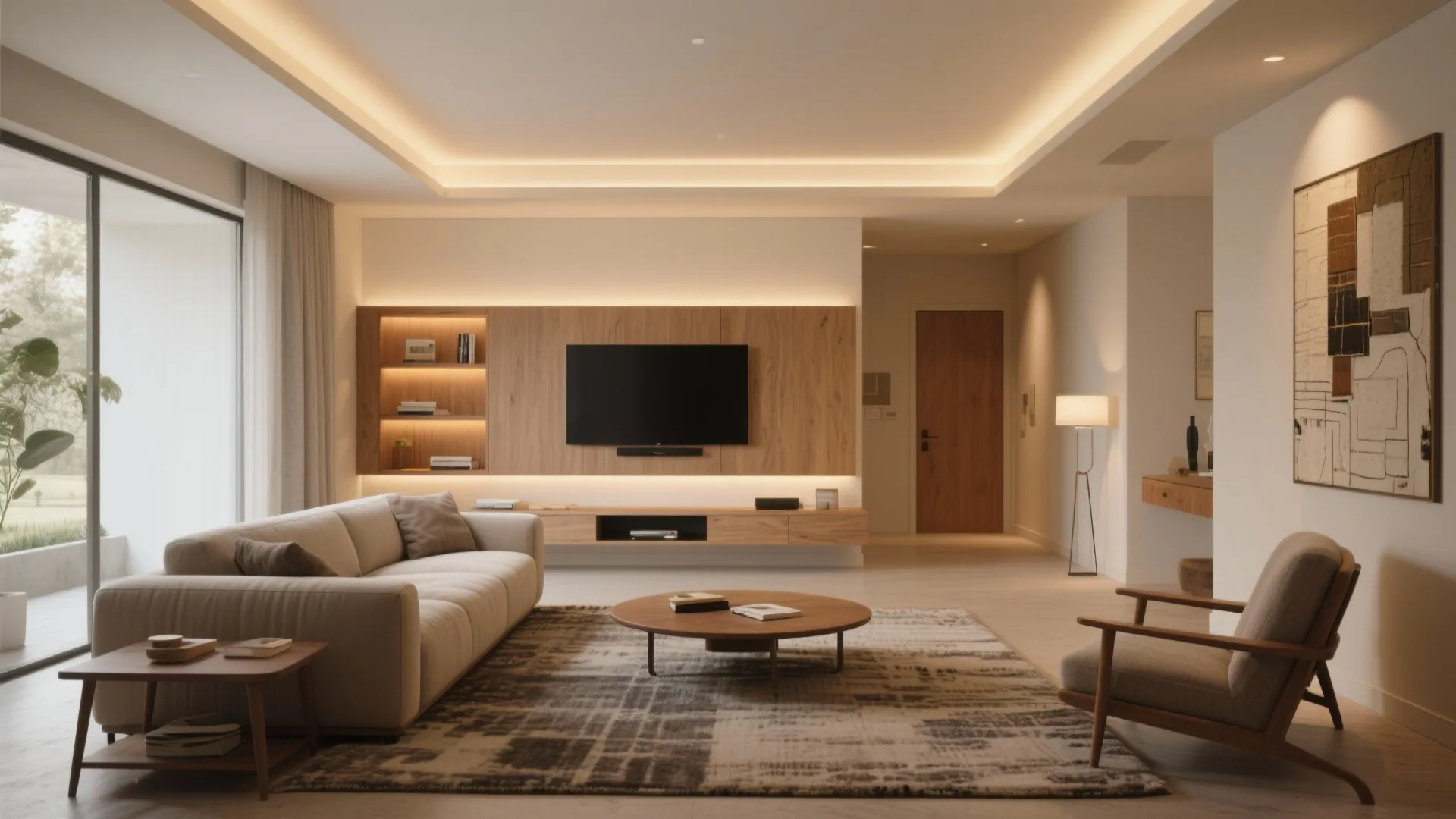 Modern living room with wood wall panel and hidden ceiling lights over sofa and television