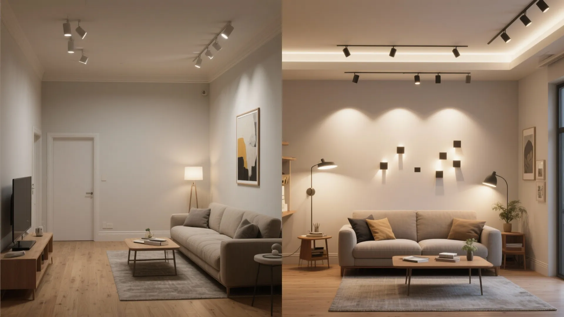 Before-after view showing improved living room lighting with higher ceiling reflectance and layered design.