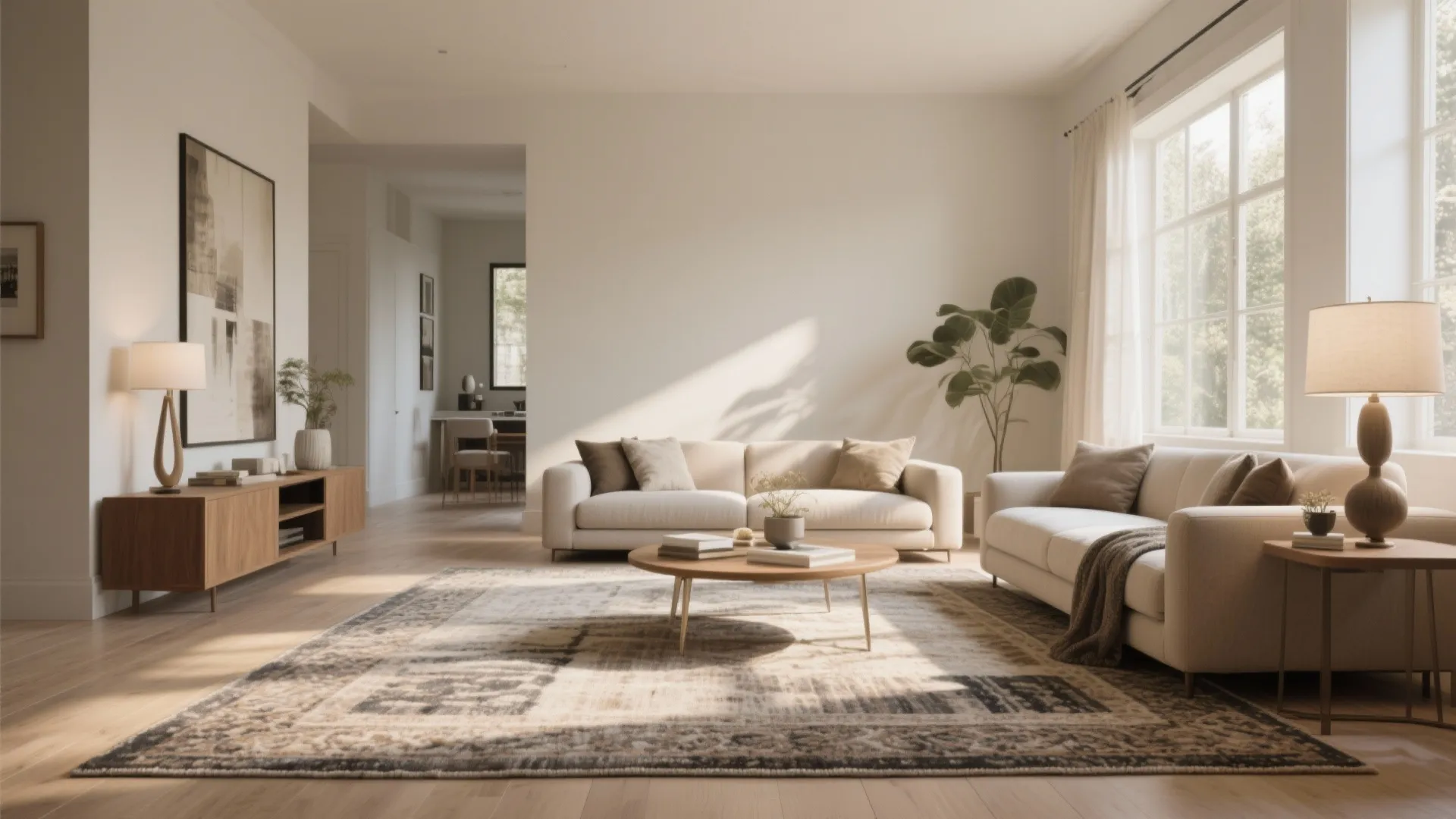 Bright minimal living room with beige sofas large patterned rug wooden coffee table and natural light