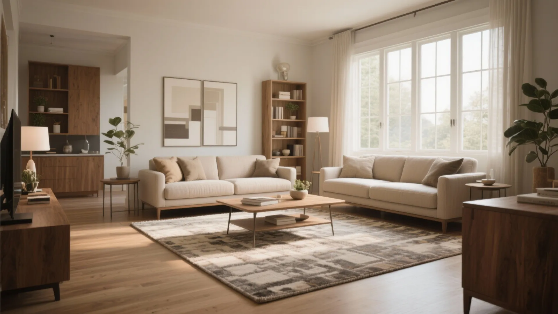 Modern neutral living room with beige sofas wooden coffee table patterned rug and large bright windows