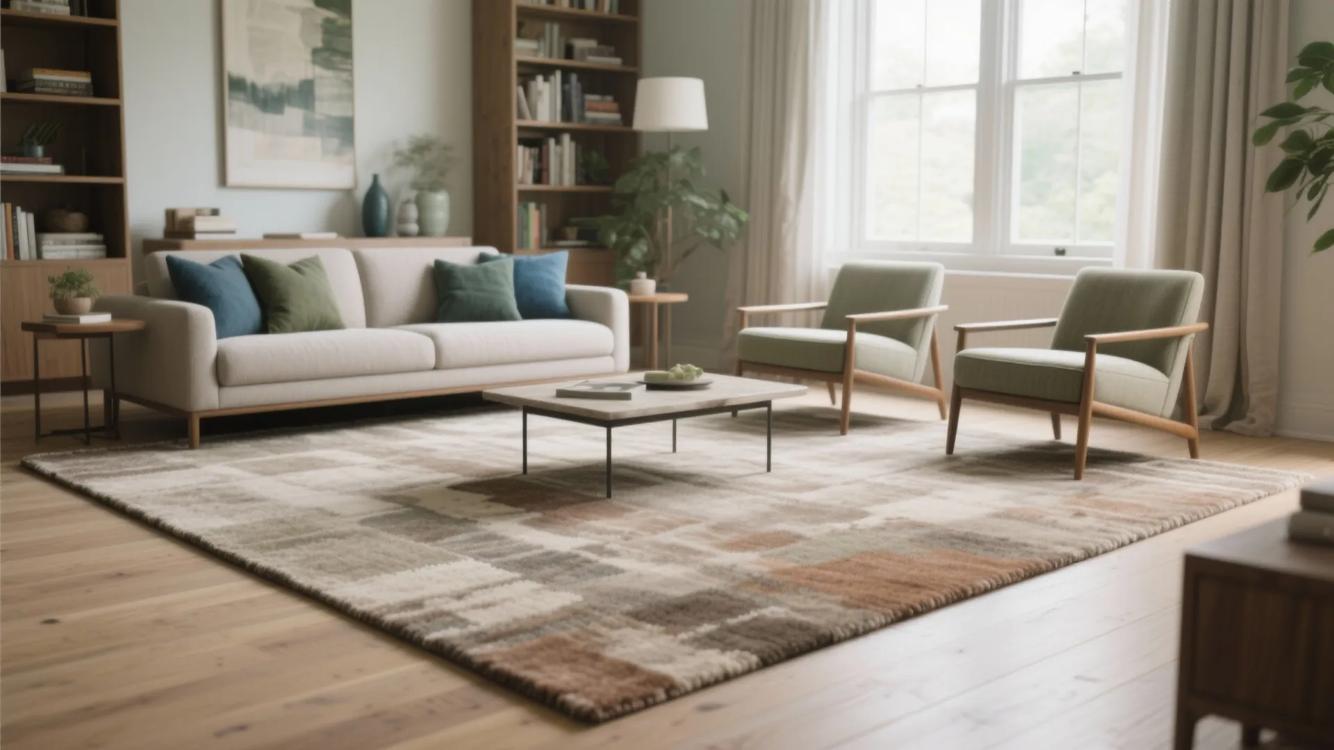 Modern living room featuring a patterned area rug white sofa green armchairs and wooden flooring