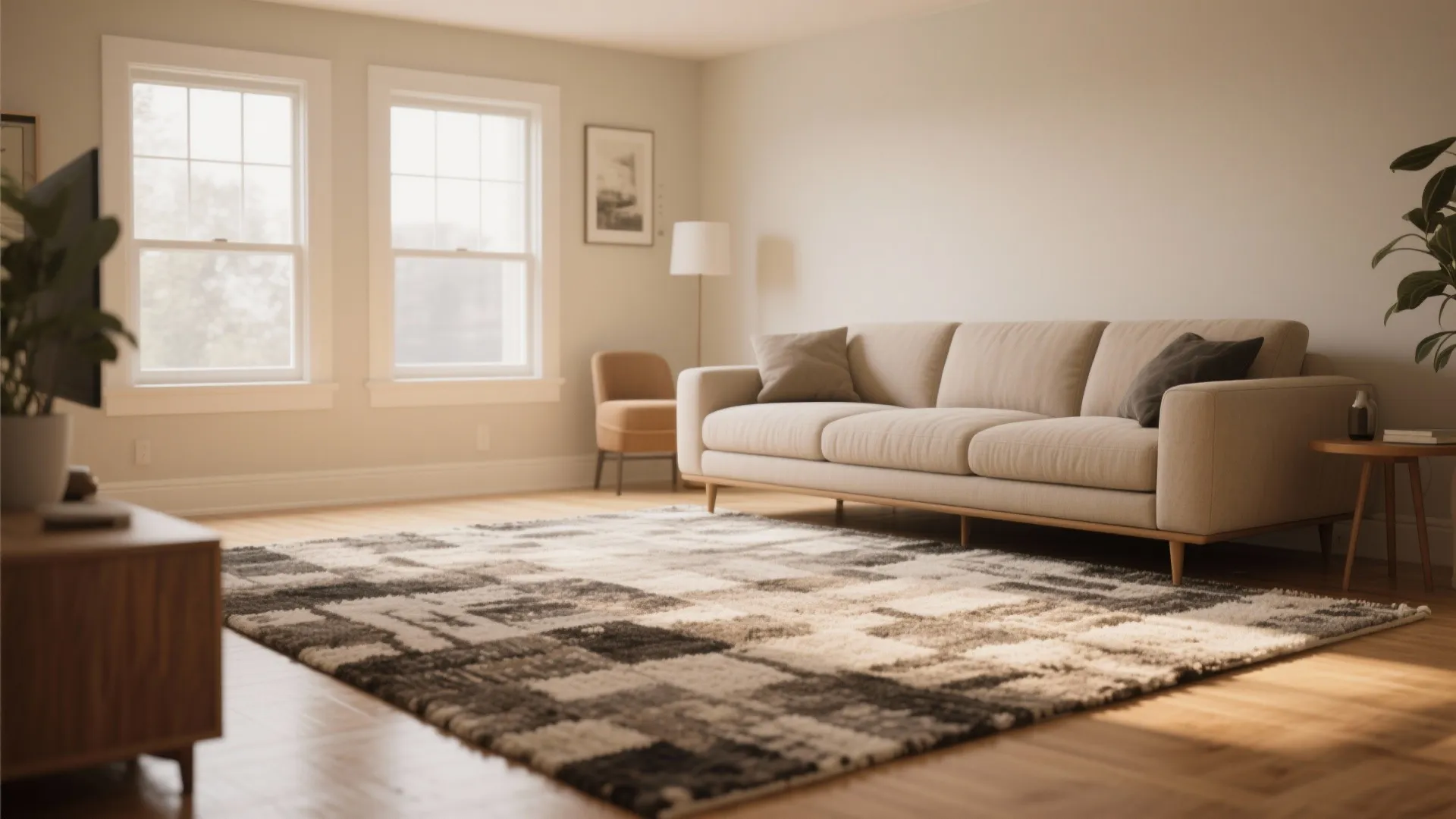 Spacious living room with large patterned rug, beige sofa, floor lamp, and two bright windows