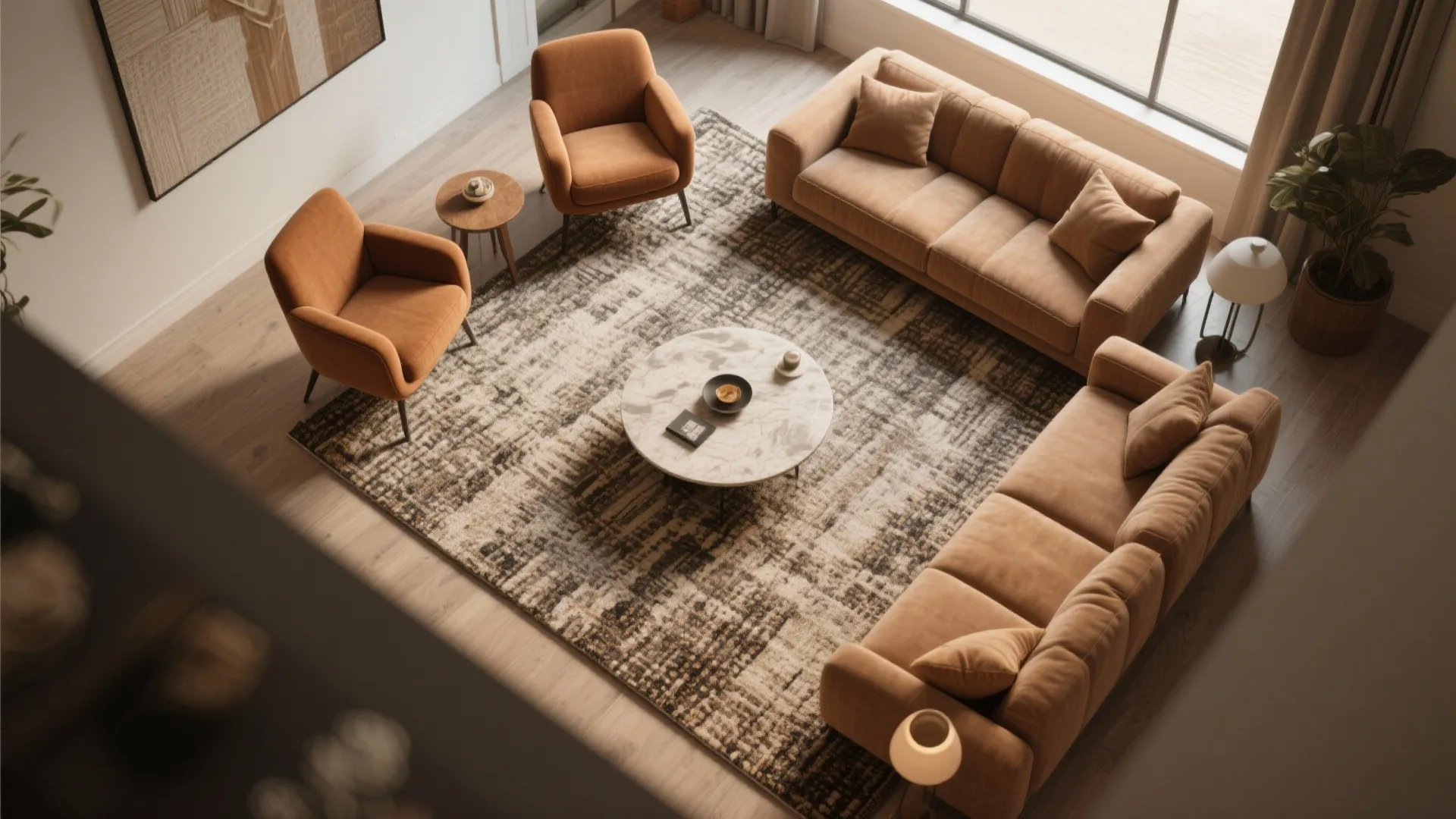 Top view of living room showing brown sofas and chairs on a large textured rug