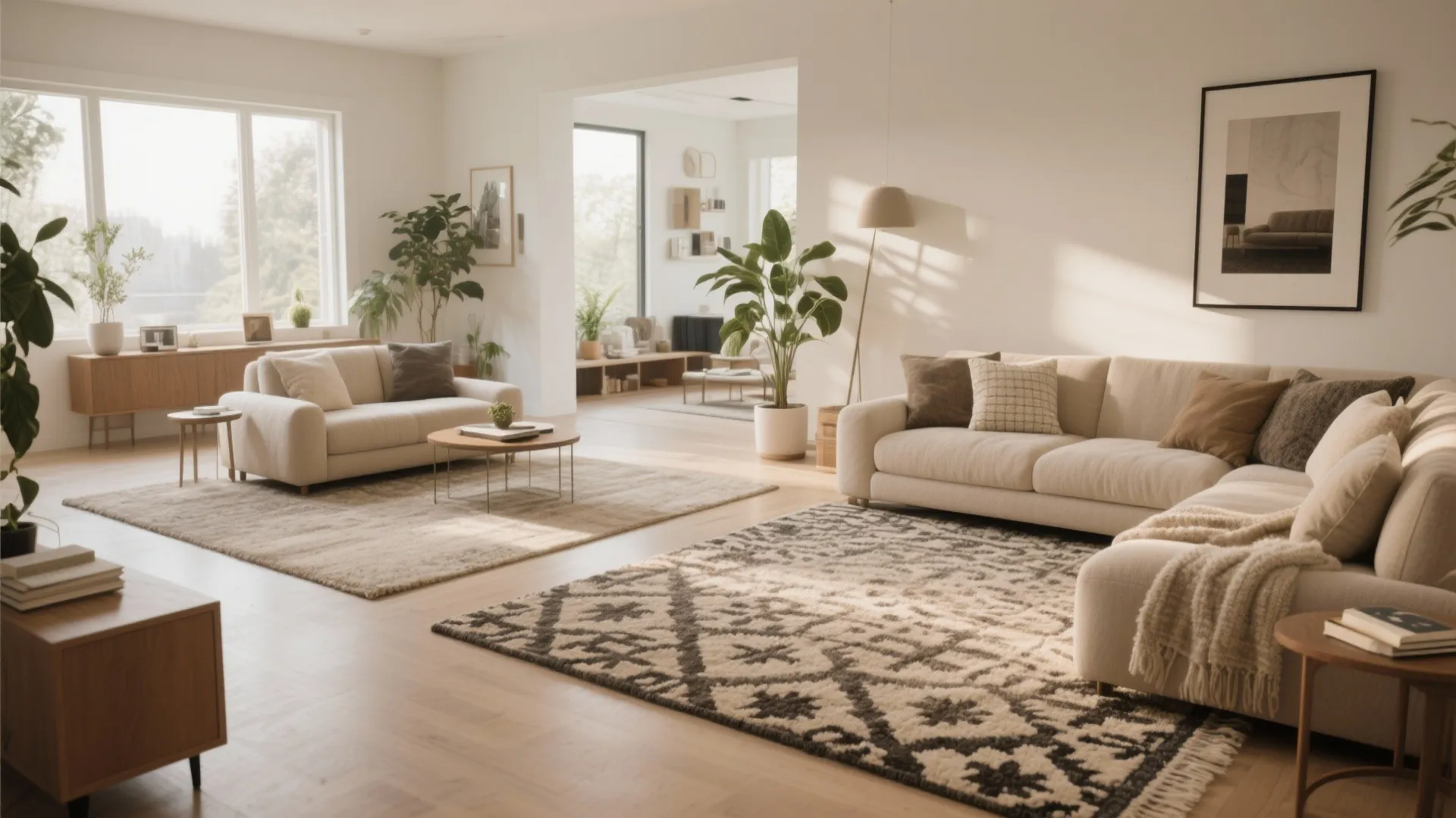 Large living area showing two separate rugs used to define different seating and lounge spaces