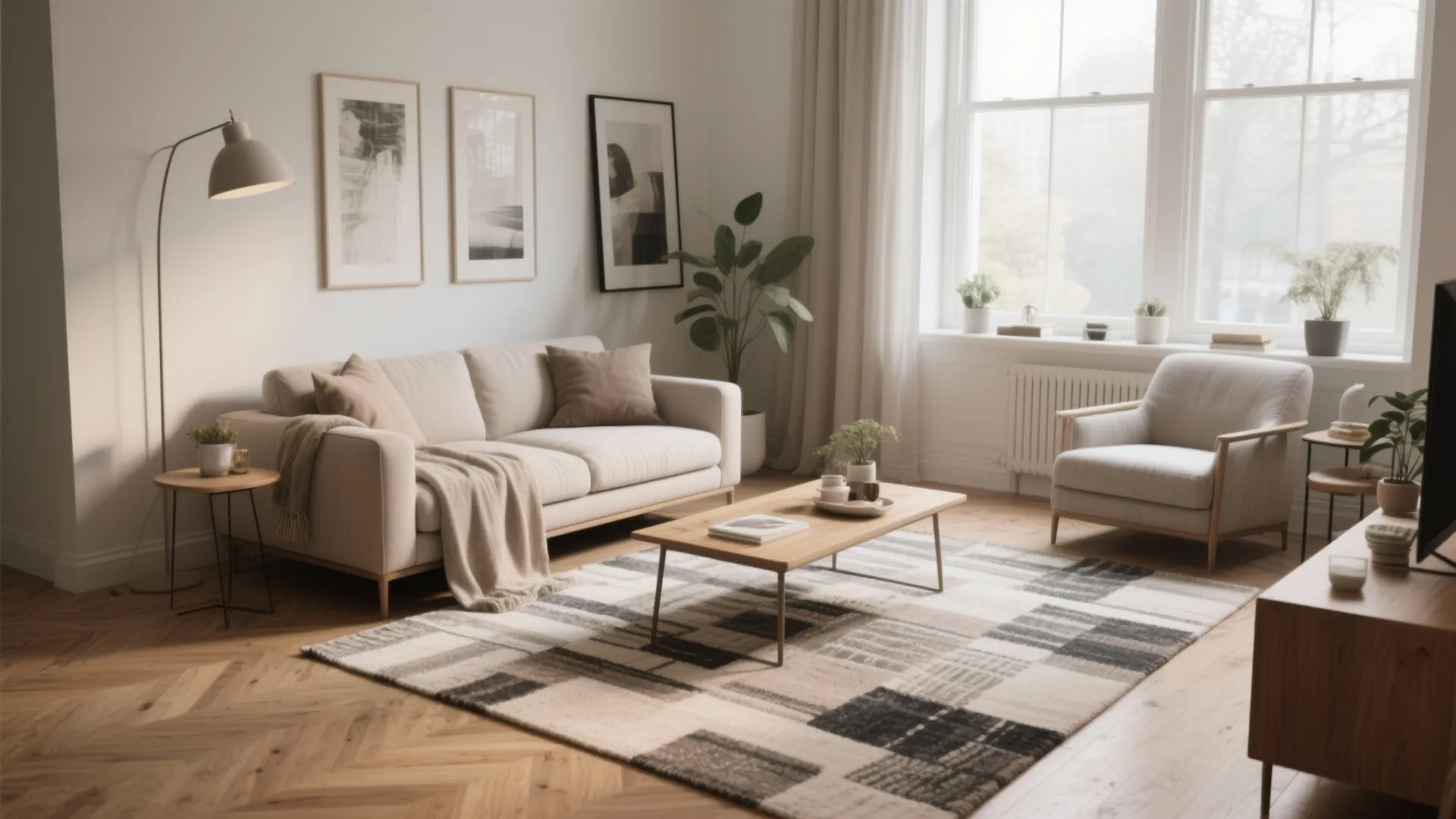 Neutral living room with cream sofa, armchair, plaid rug, wooden coffee table and floor lamp