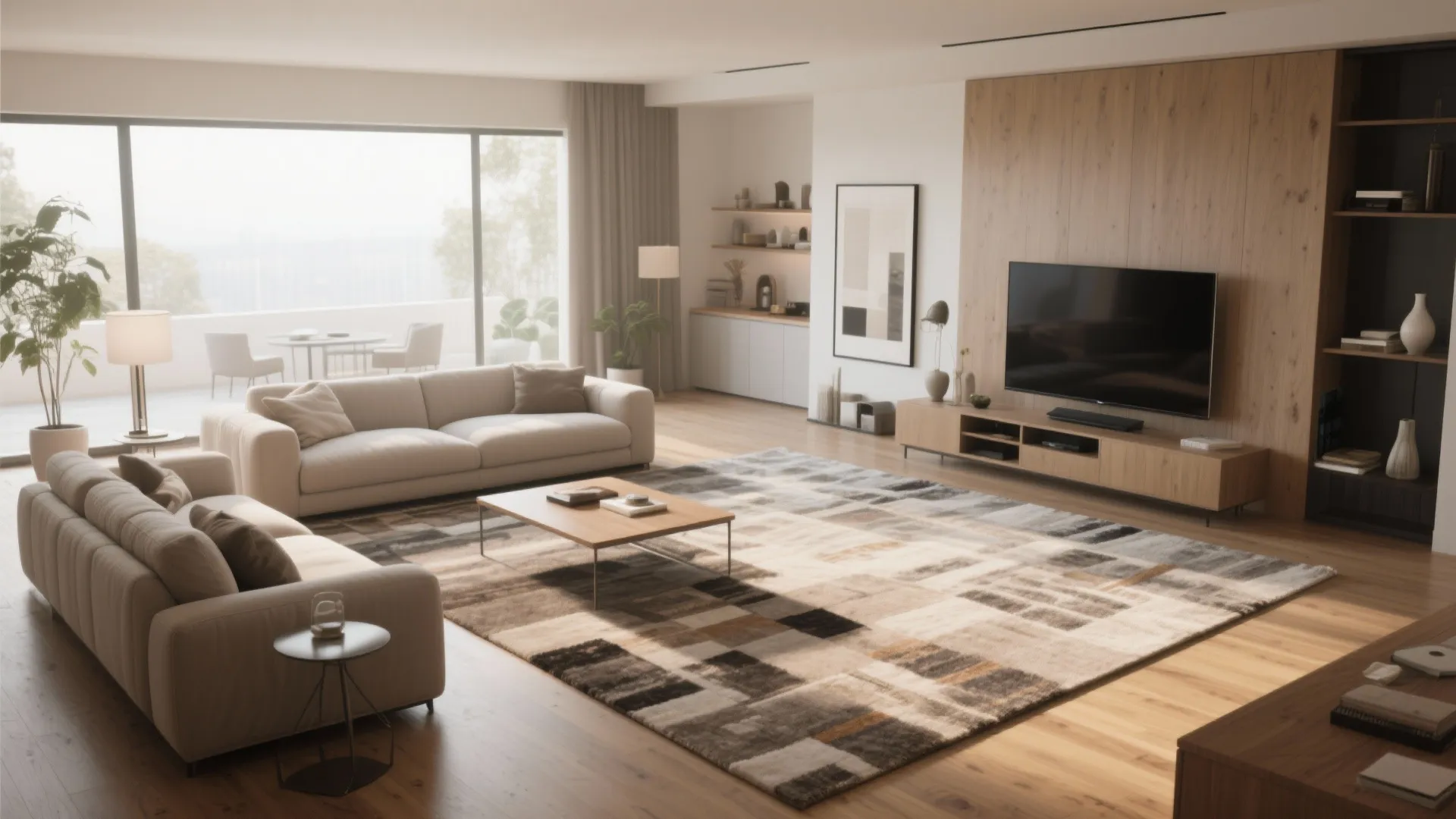 Modern living room with beige sofa patterned rug coffee table television and large window view