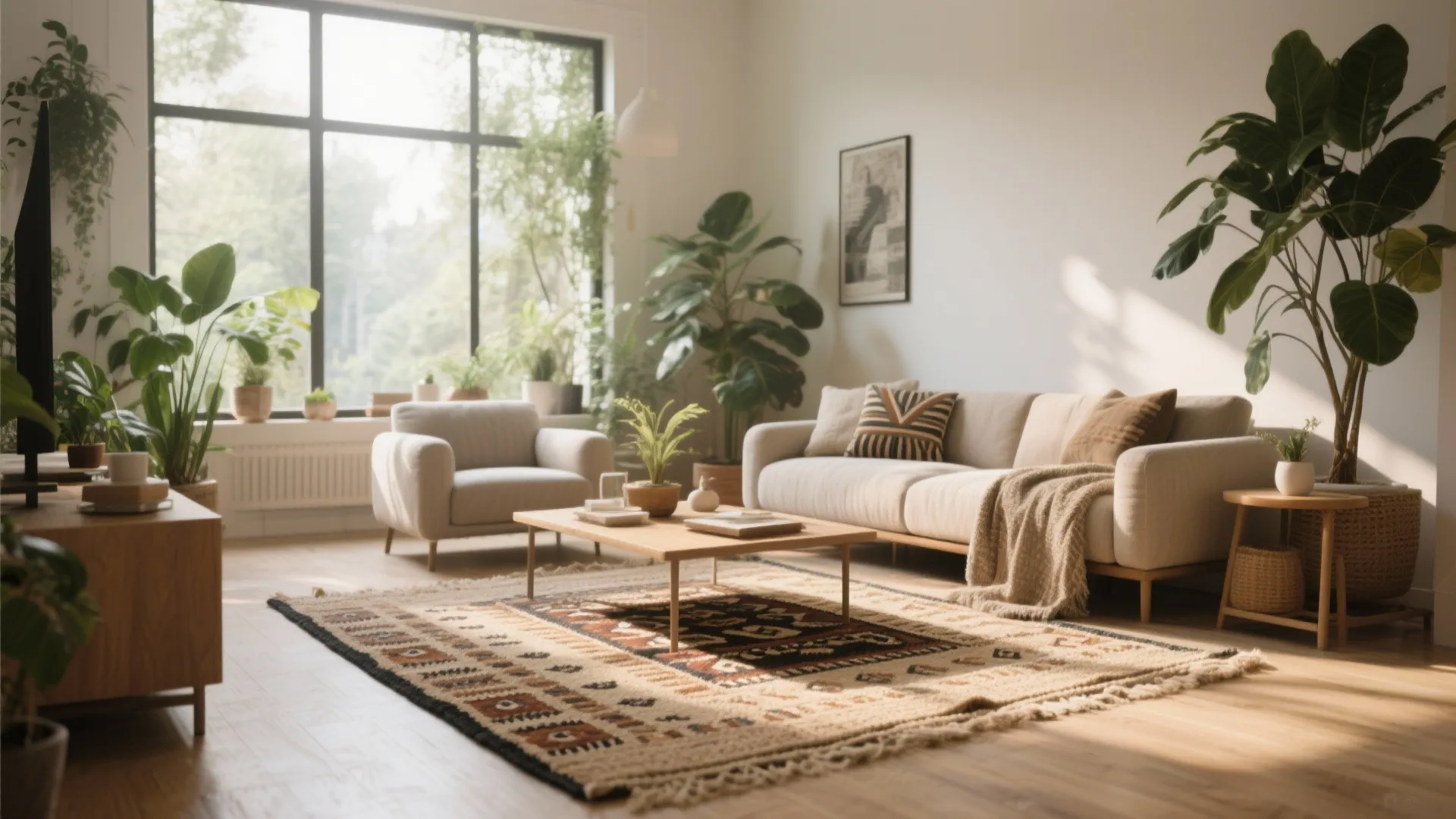 Bright living room with patterned rug cream sofa wood coffee table and many green plants