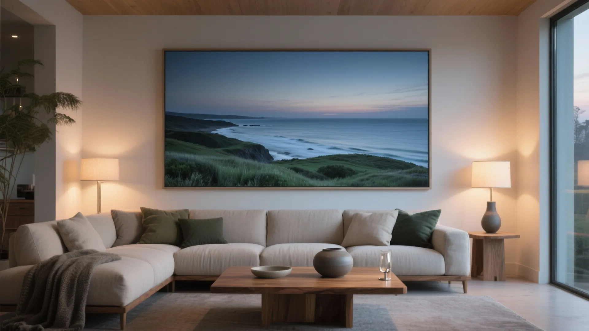 Modern living room featuring white sofa, wooden coffee table, and large coastal painting on wall