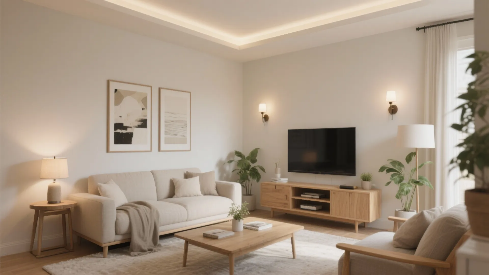 Cozy living room with cream sofa wooden coffee table television cabinet wall lights and plants