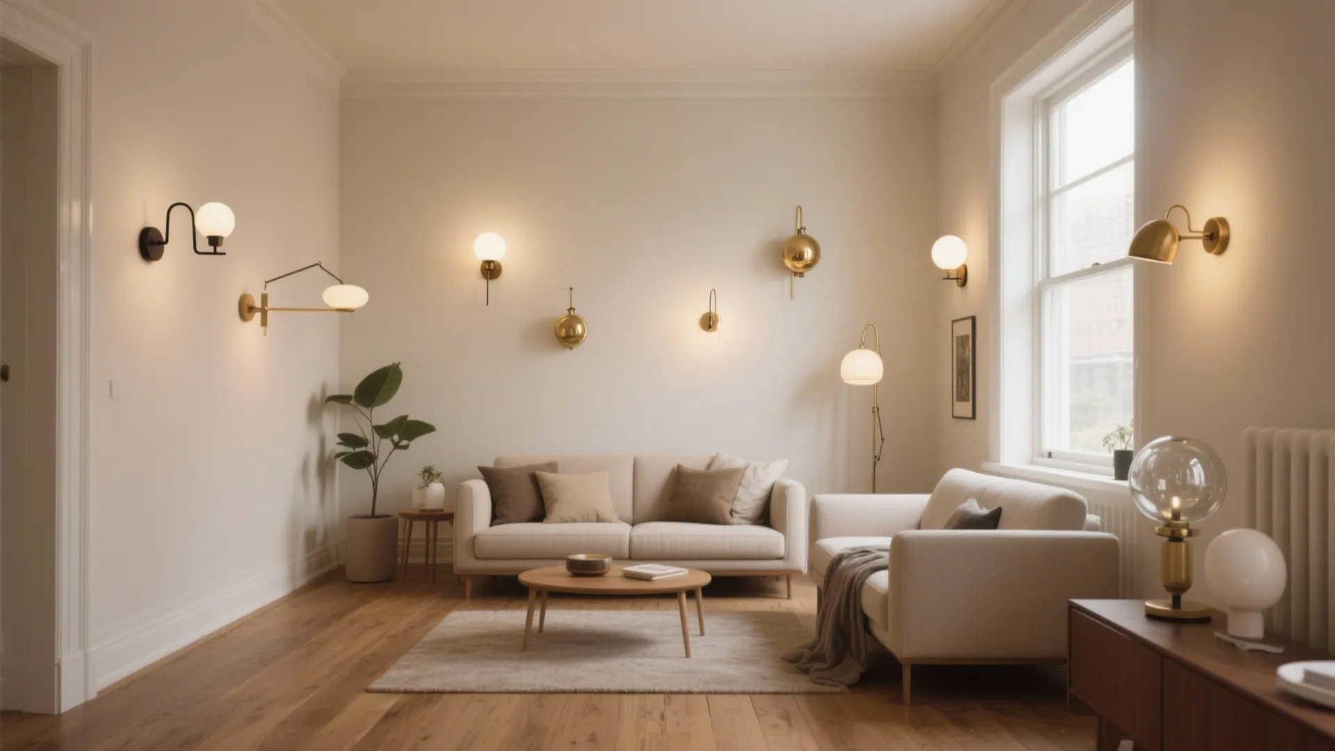 Living room with many different gold wall light fixtures above a white sofa and rug