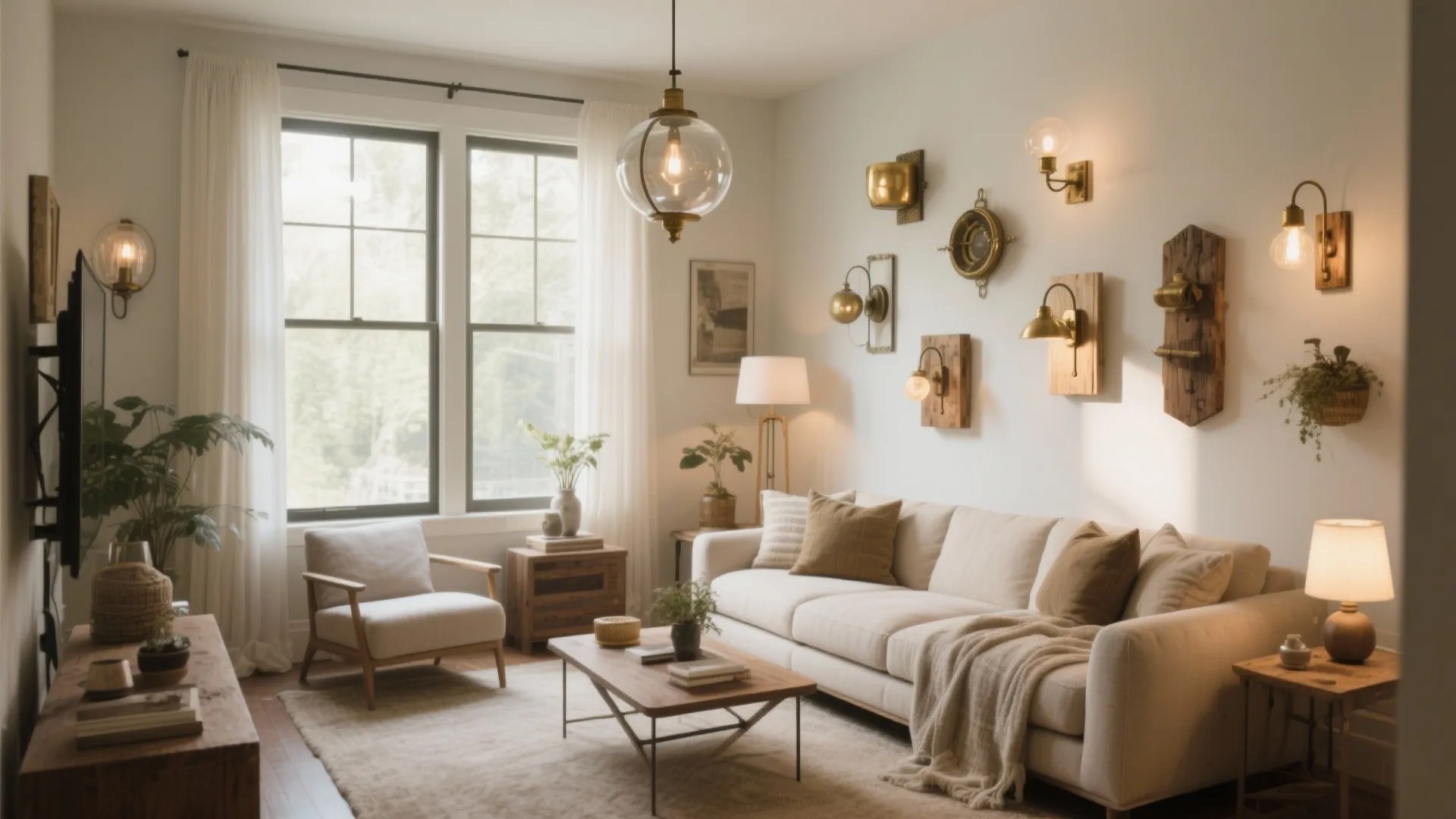 Bright living room featuring multiple golden wall lights, white sofa, wooden furniture, and large windows