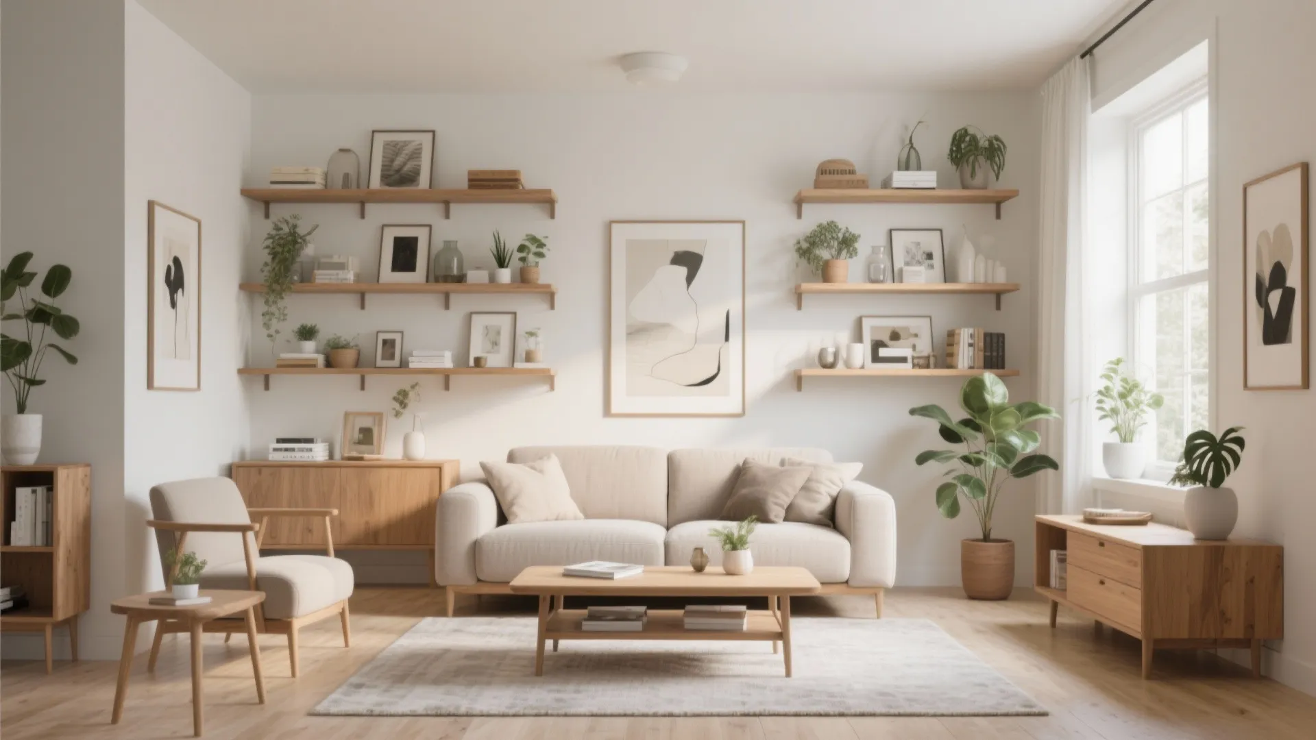 Modern bright living room with beige sofa wooden coffee table and wall shelves holding green plants