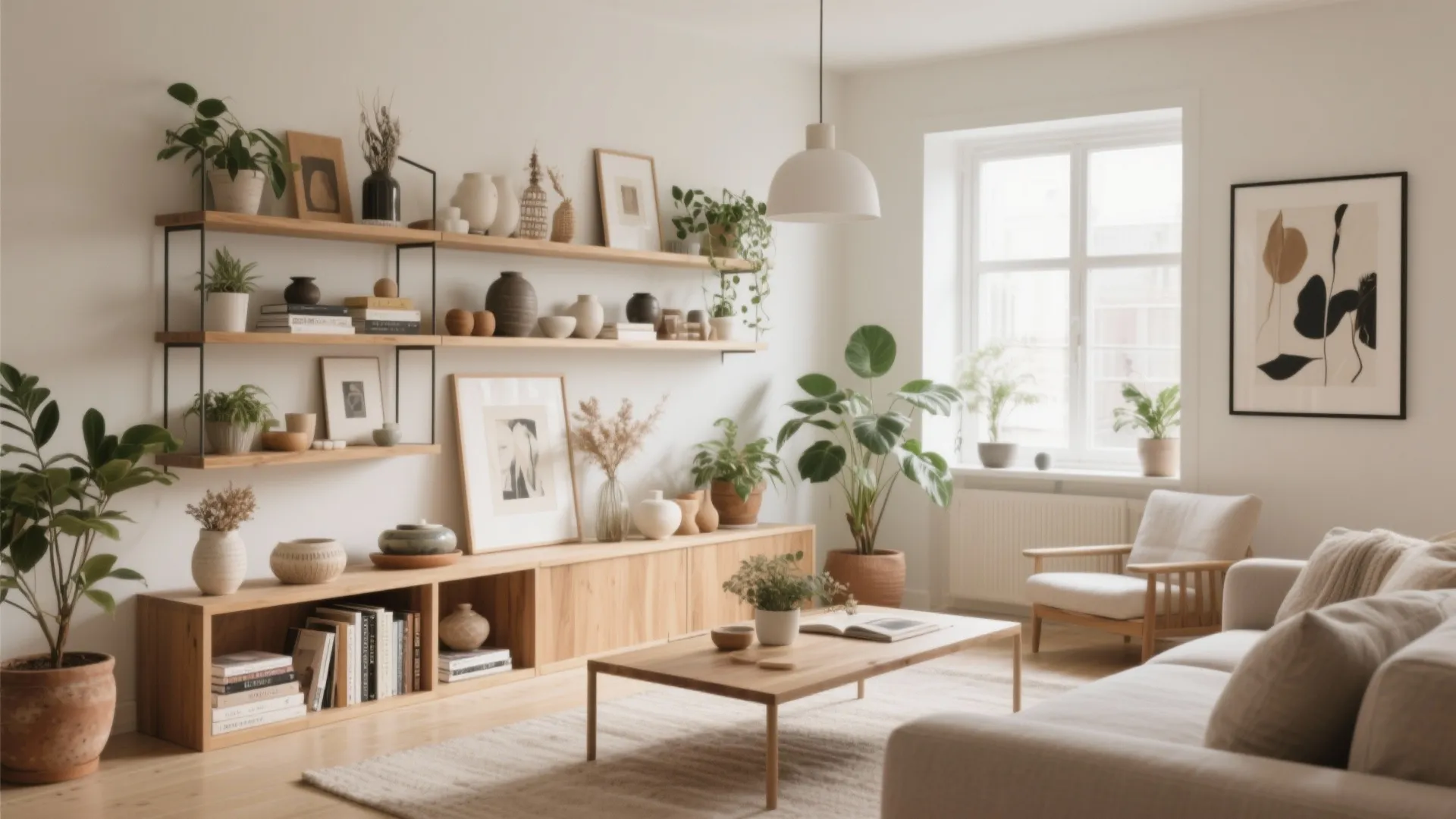 Bright living room with wooden wall shelves holding plants books and a white ceiling light