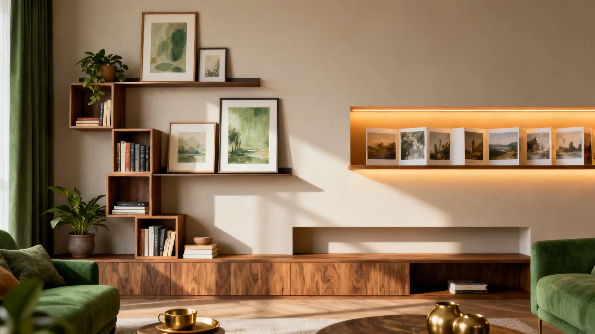 Modern living room with wooden shelves green sofa art frames books and warm natural light
