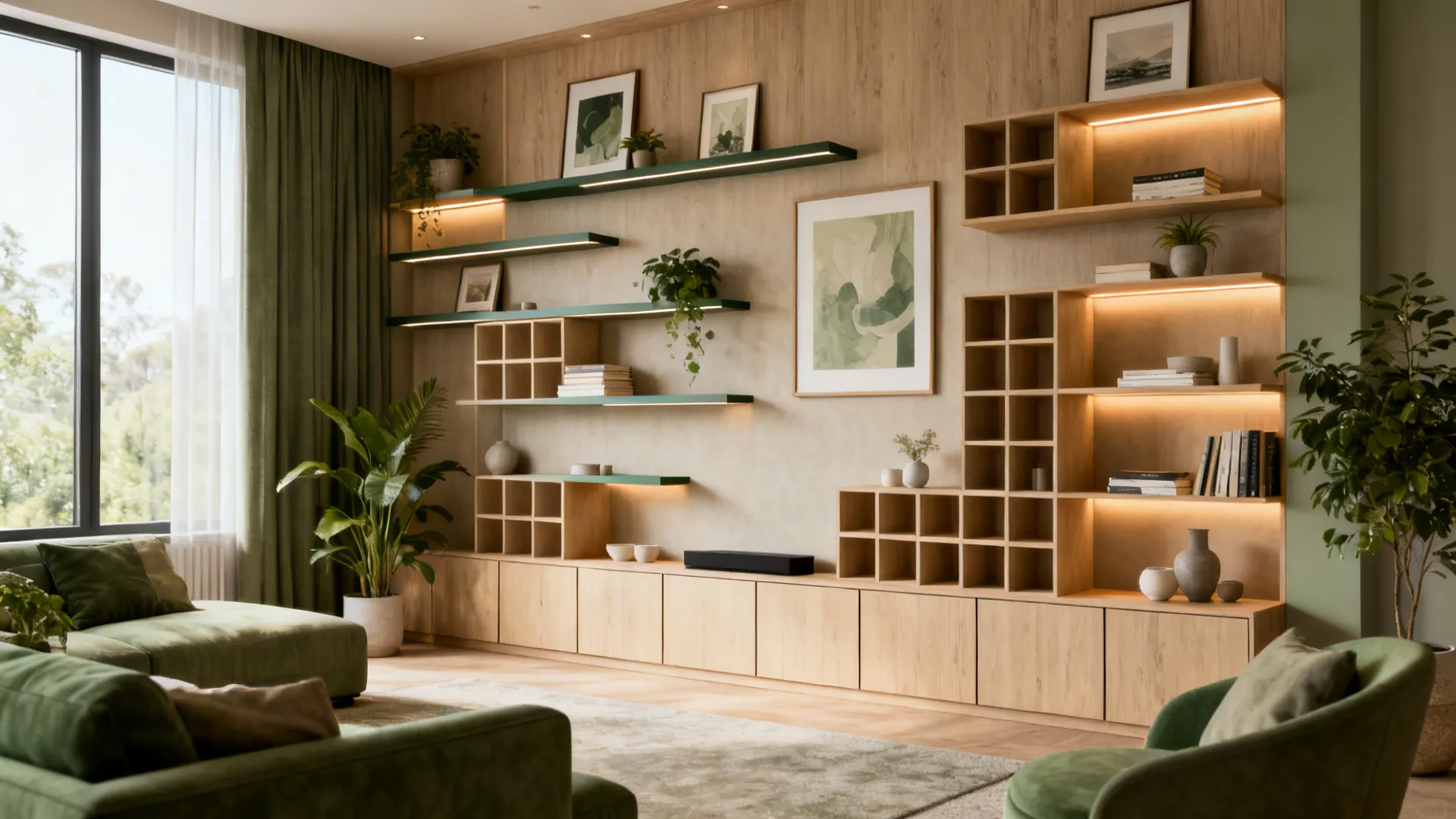 Large wooden wall shelves with green accents and light fixtures in a modern green room