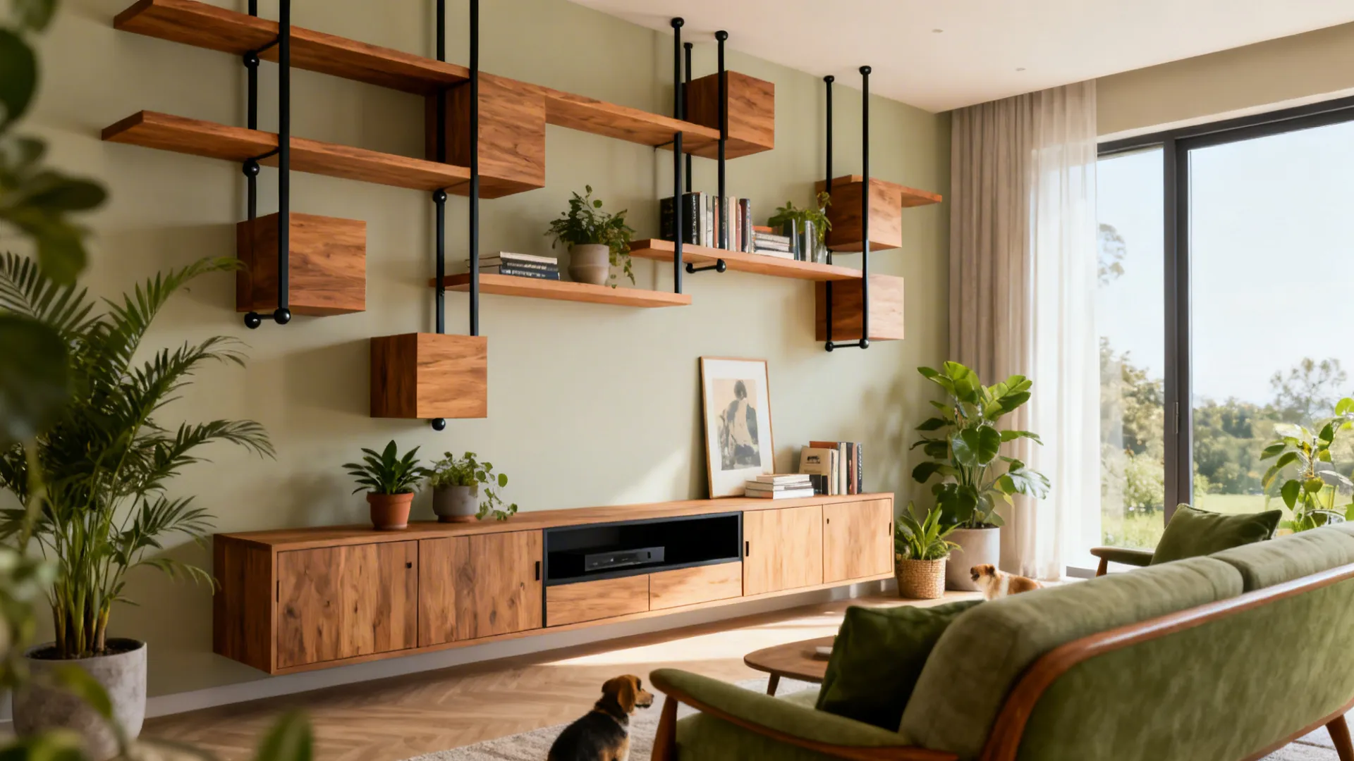 Modern living room featuring a green sofa, wall shelves, wooden cabinet, plants, and natural light
