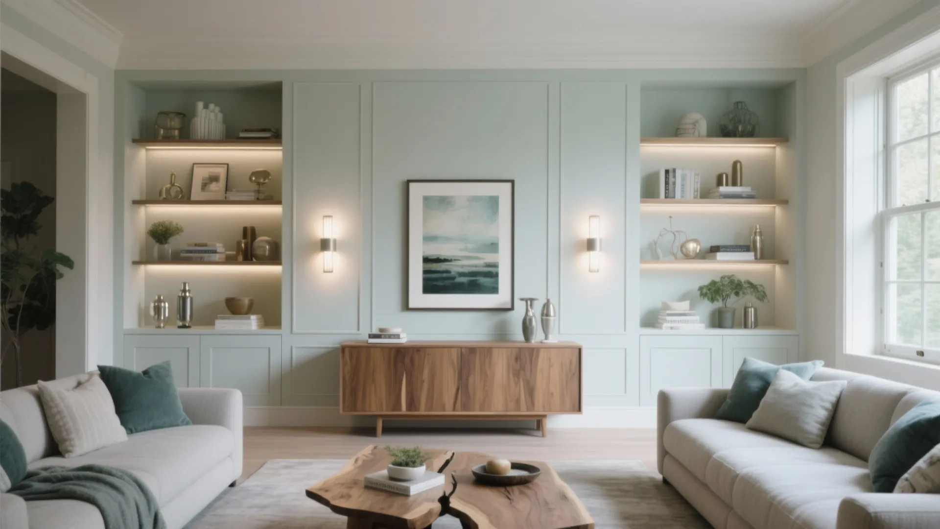 Modern living room with green wall panels wood cabinet wall lights and white sofas around table