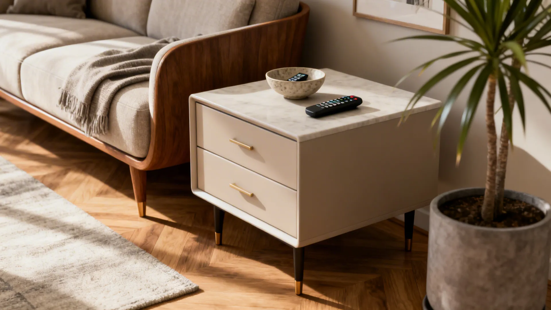 Modern side table with two drawers marble top next to beige sofa and green plant